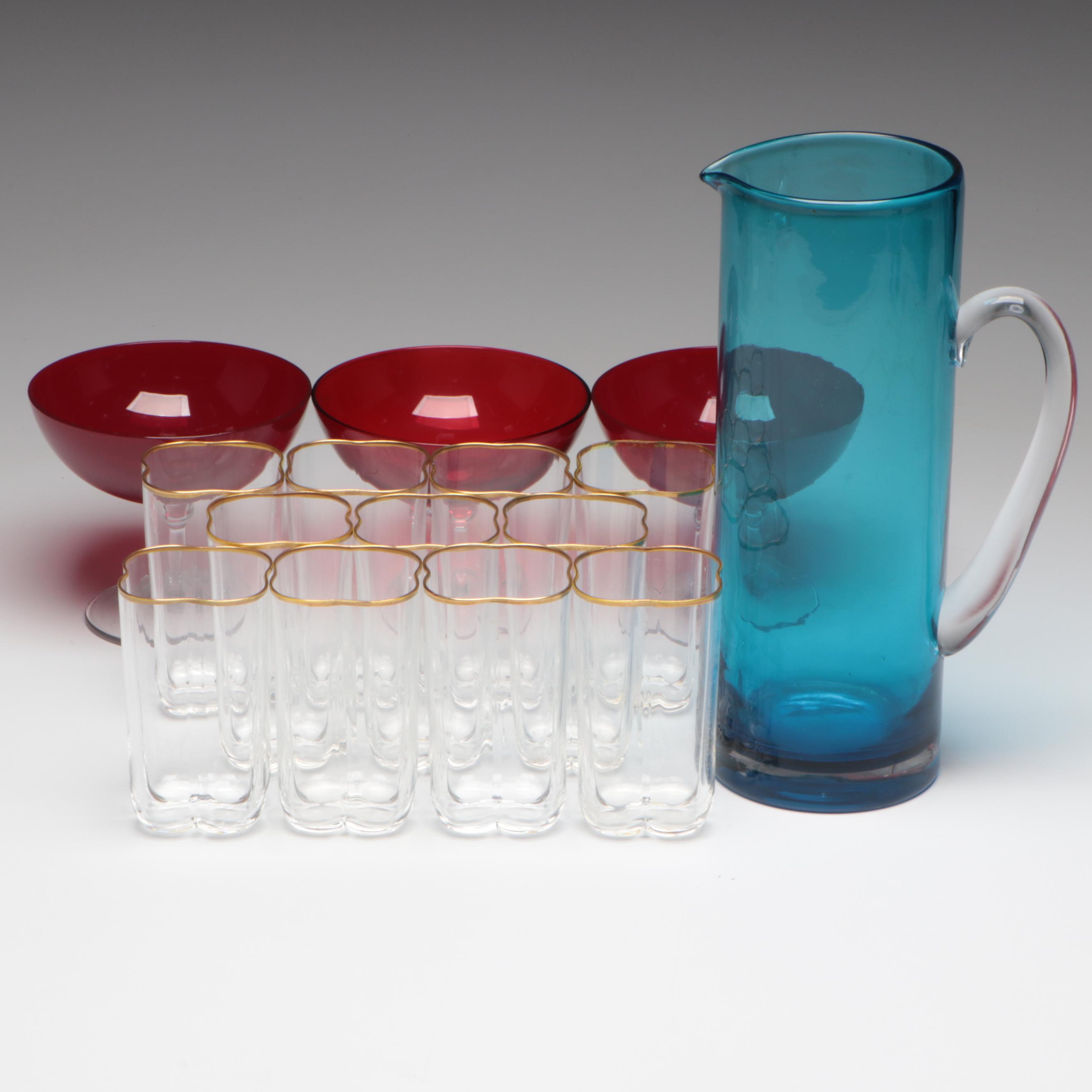 Carlo Moretti Style Gilt Blown Glass Tumblers with Pitcher, More Glasses