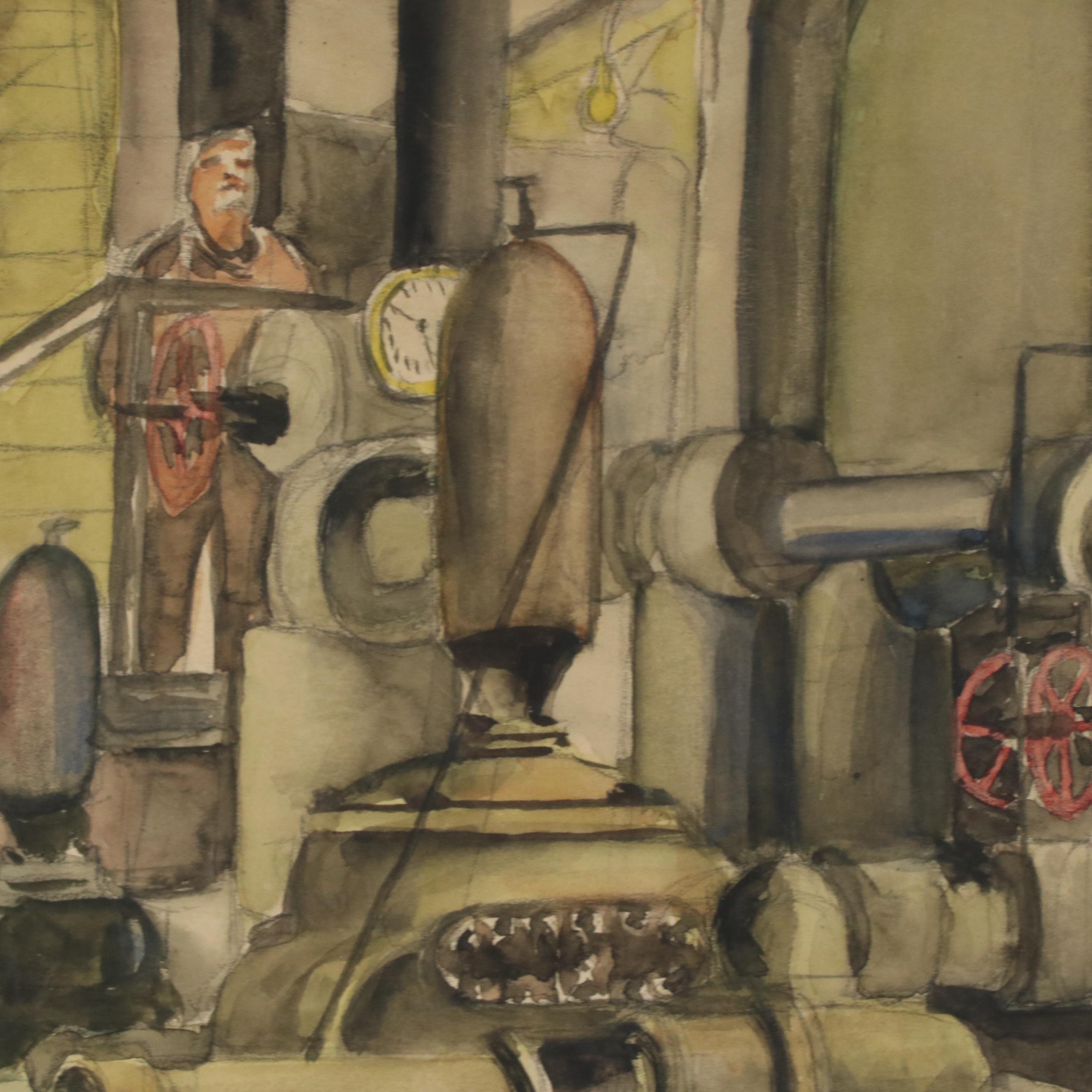 Watercolor Painting of Industrial Work Scene