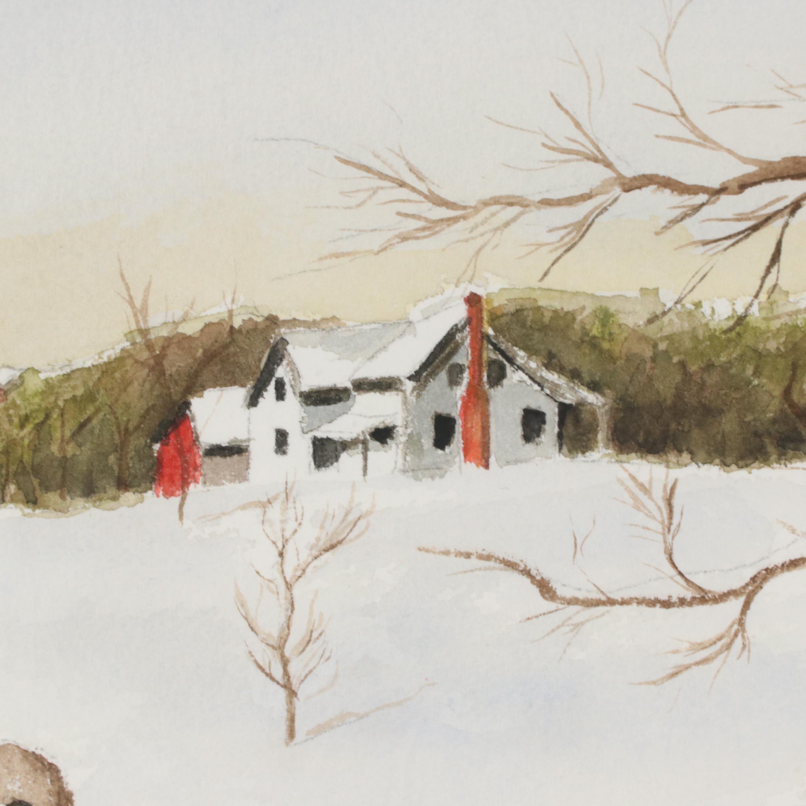 Watercolor Painting of Rural Farmhouse Landscape