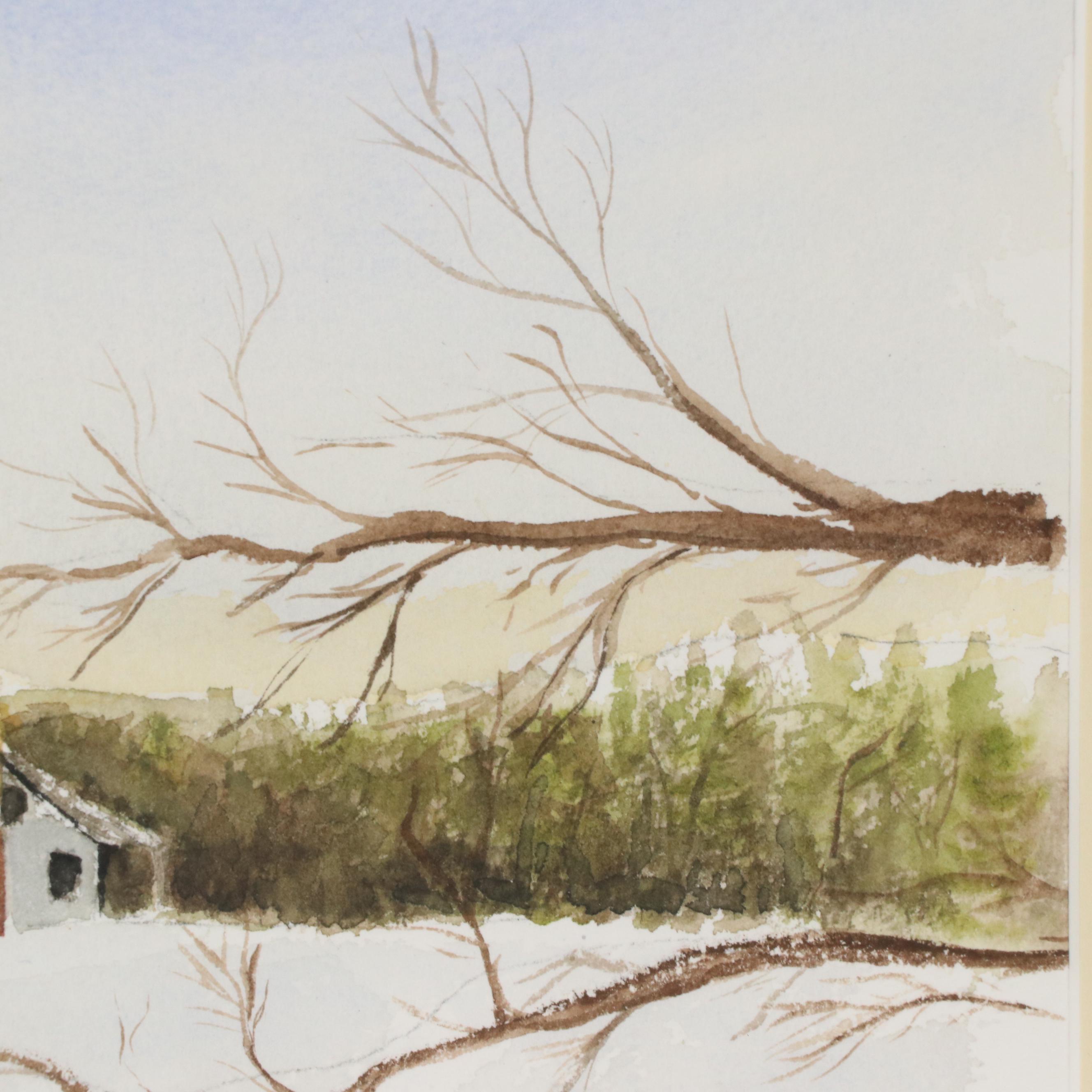 Watercolor Painting of Rural Farmhouse Landscape