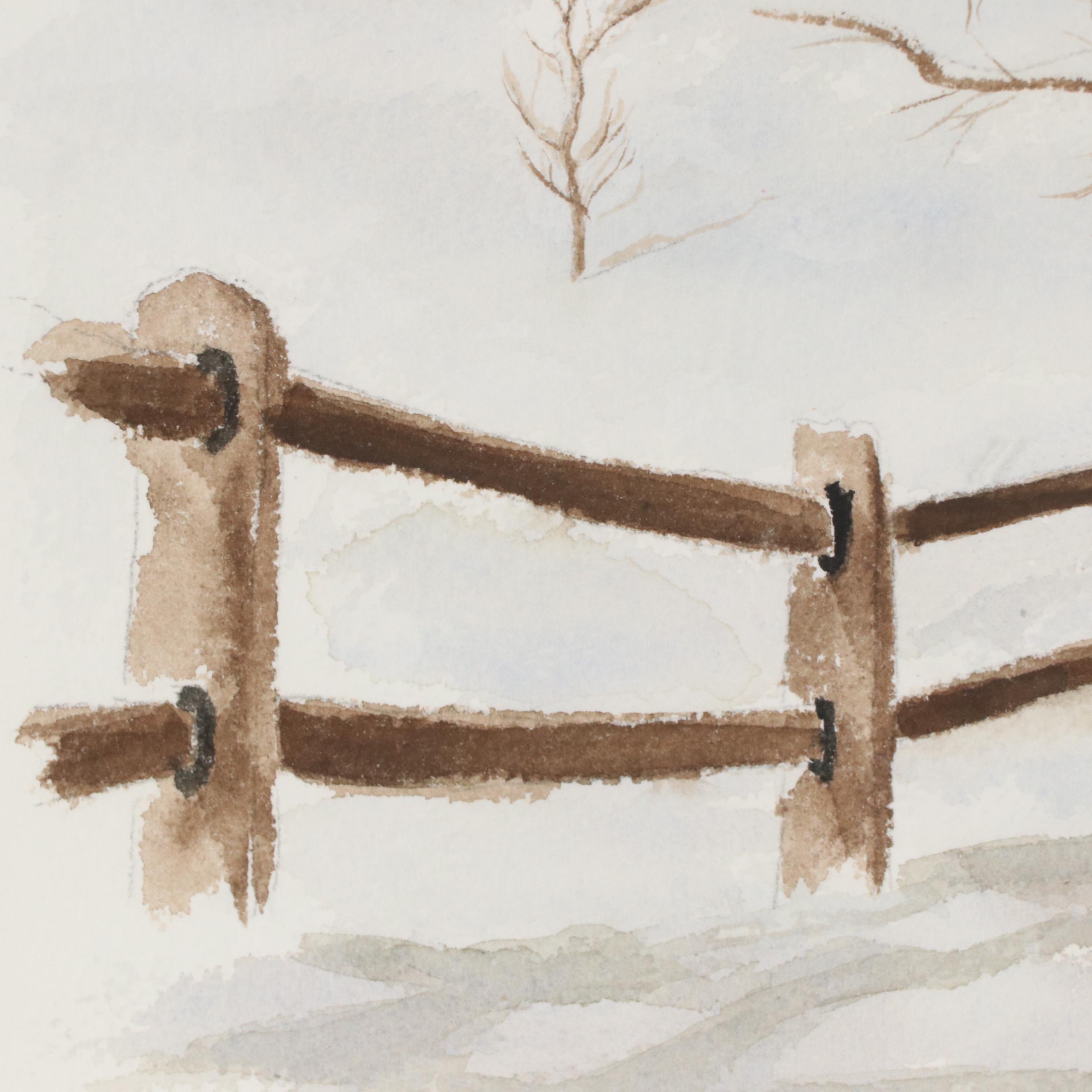 Watercolor Painting of Rural Farmhouse Landscape