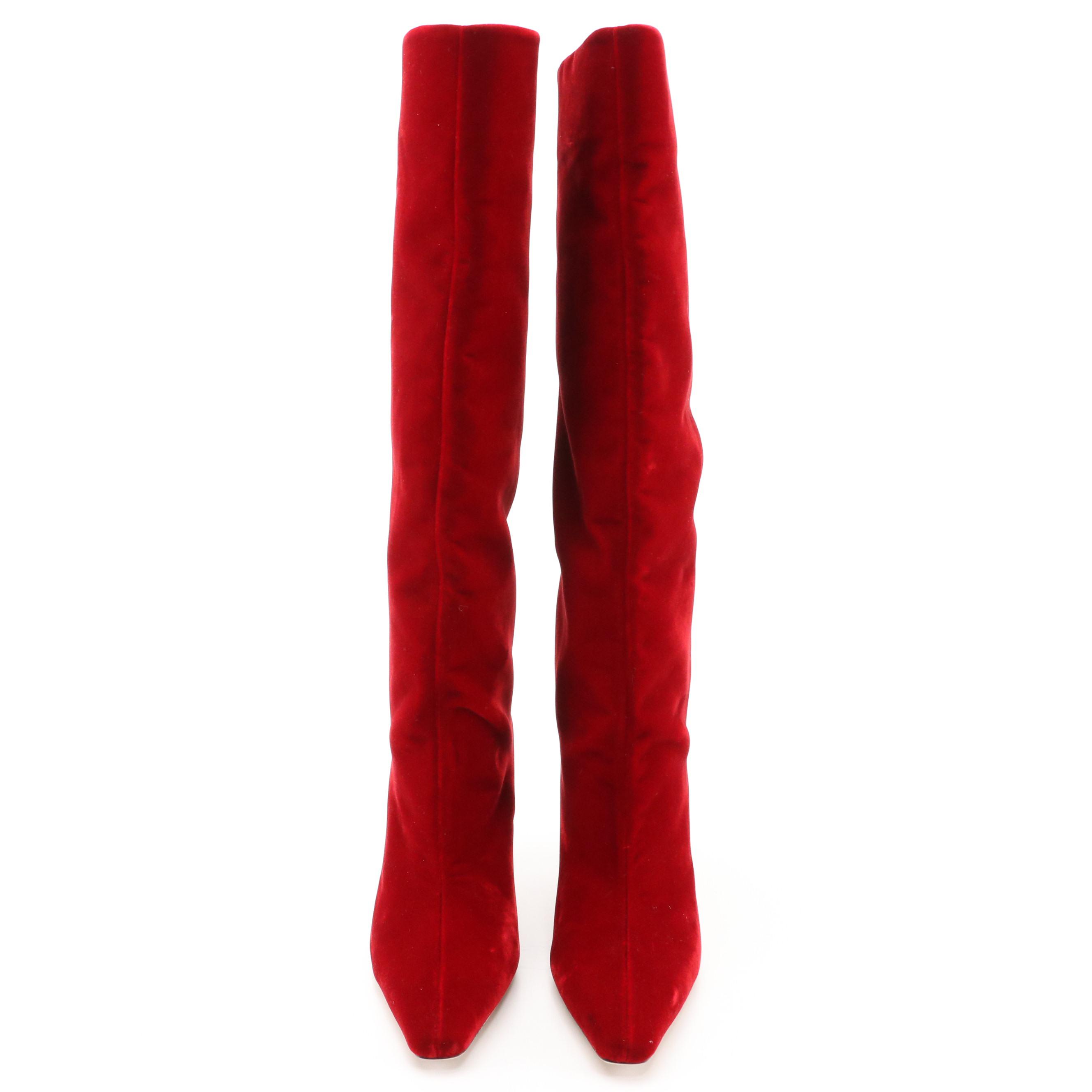 Jimmy Choo Red Velvet Knee-High Square Toe Boots