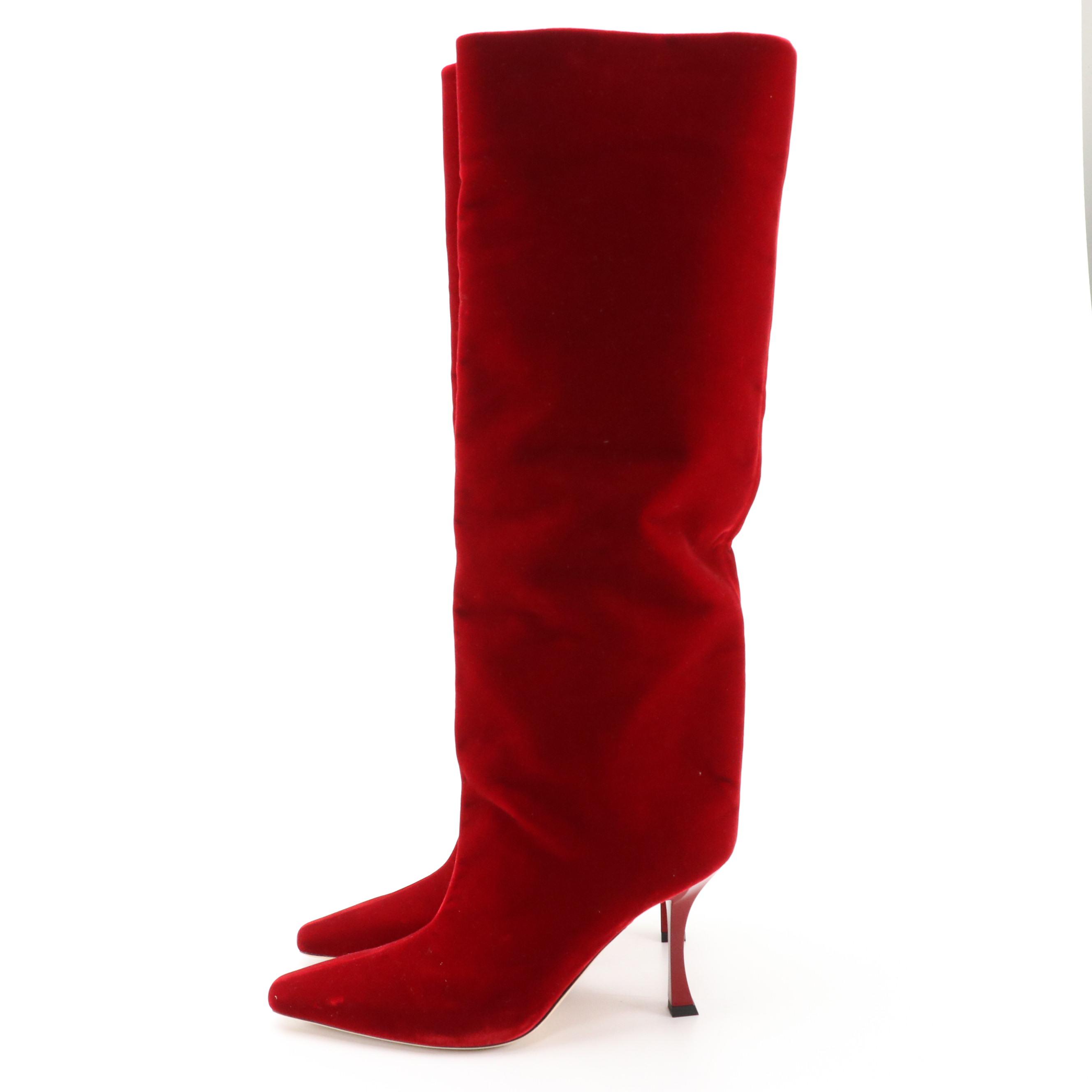 Jimmy Choo Red Velvet Knee-High Square Toe Boots