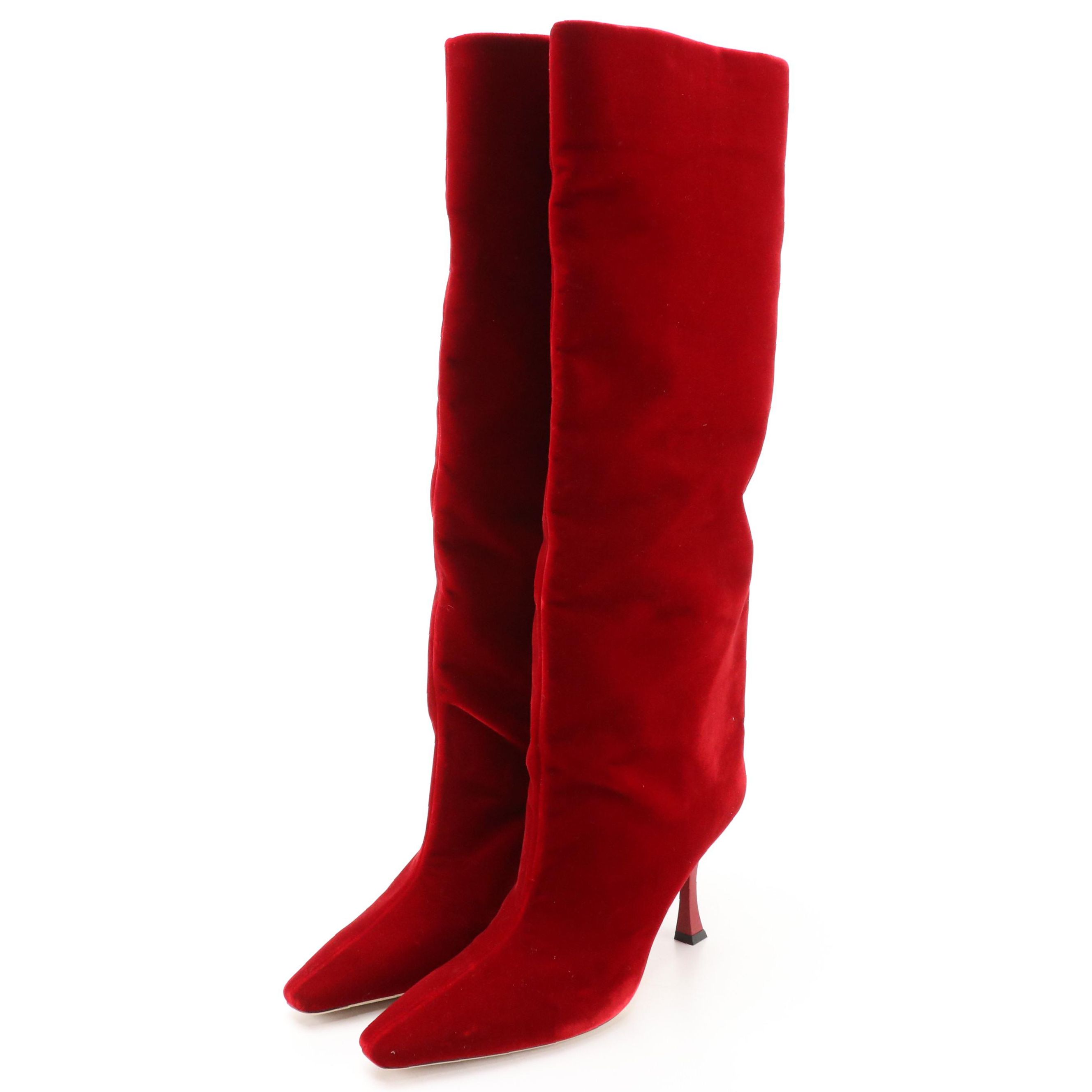 Jimmy Choo Red Velvet Knee-High Square Toe Boots