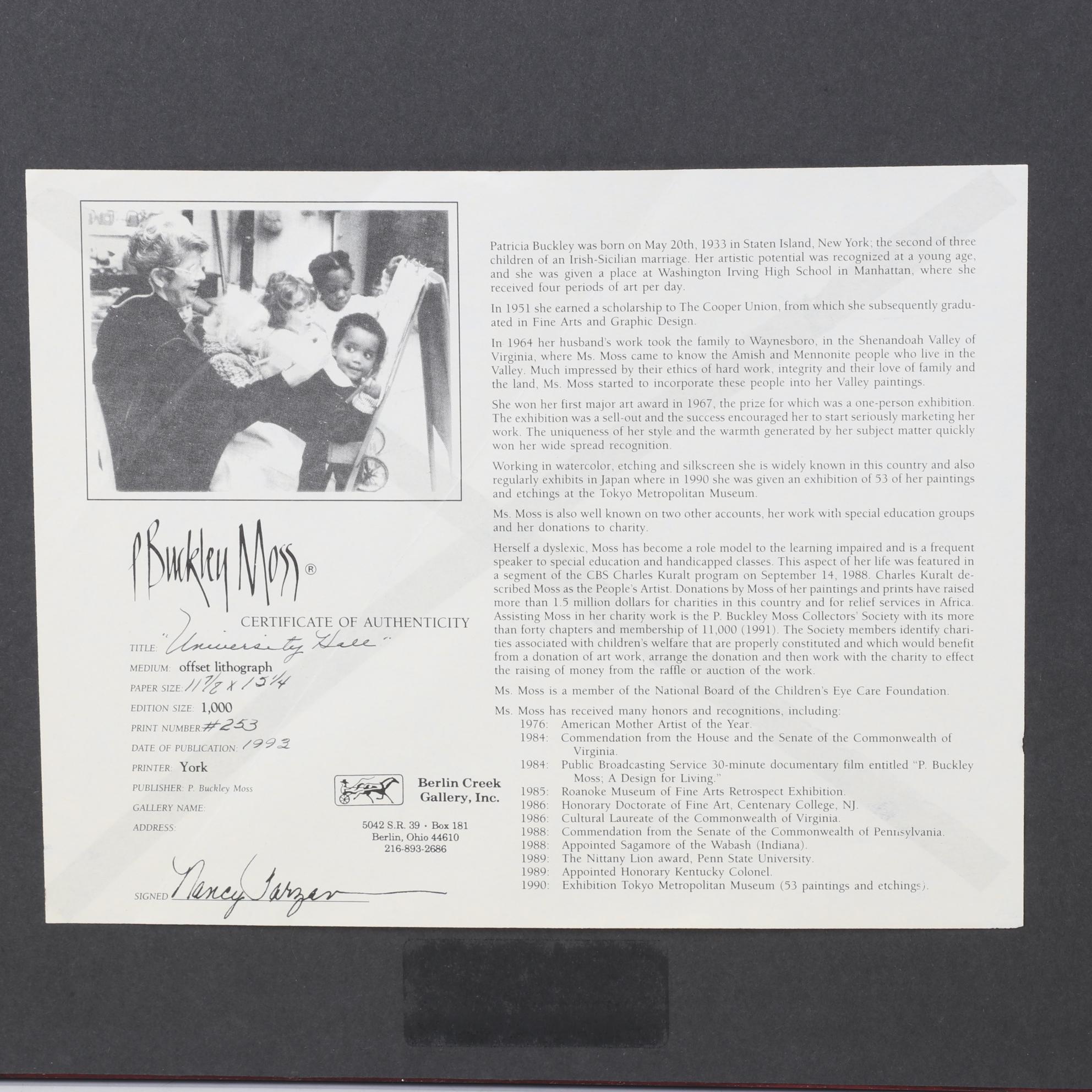 P. Buckley Moss Offset Lithograph "University Hall," 1999