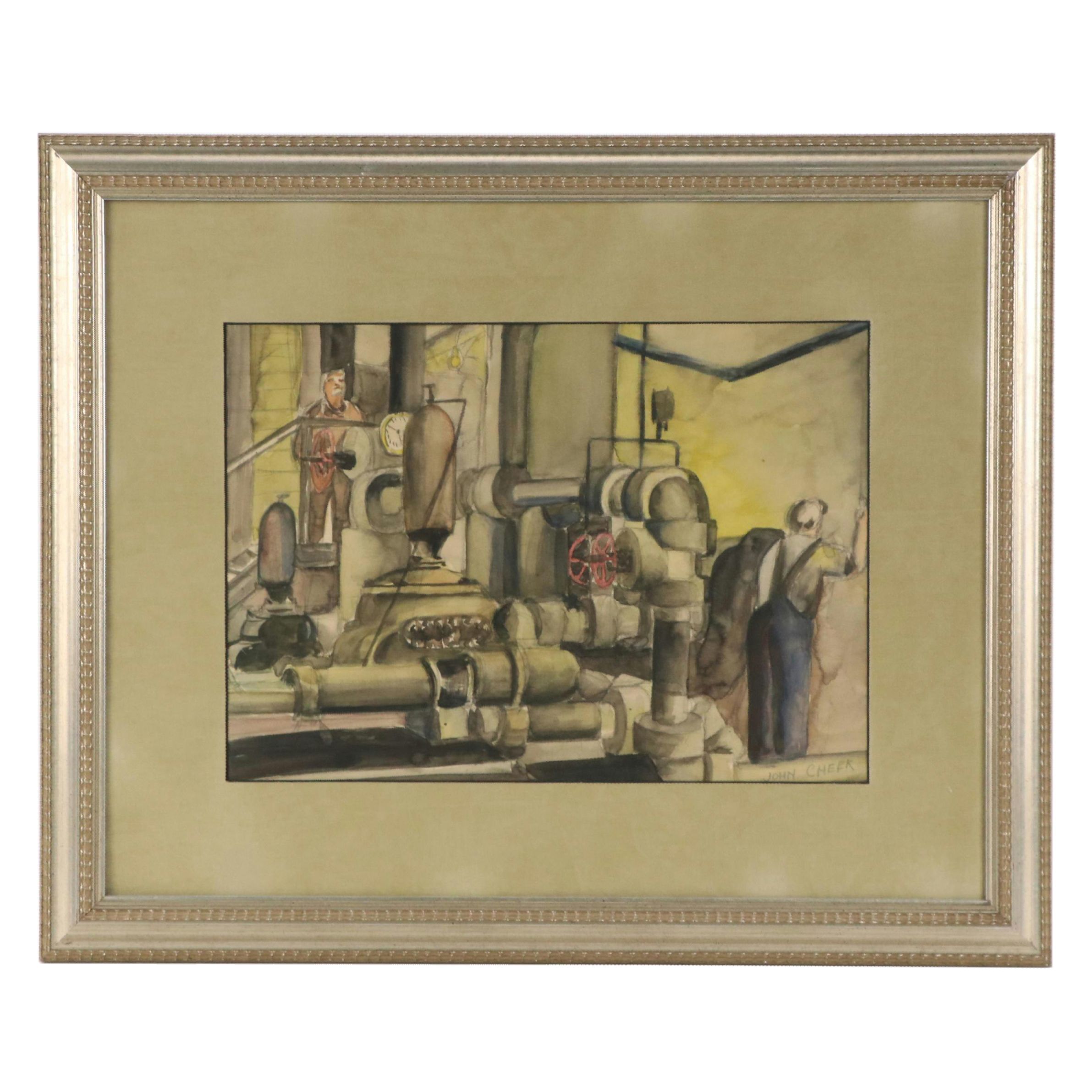 Watercolor Painting of Industrial Work Scene