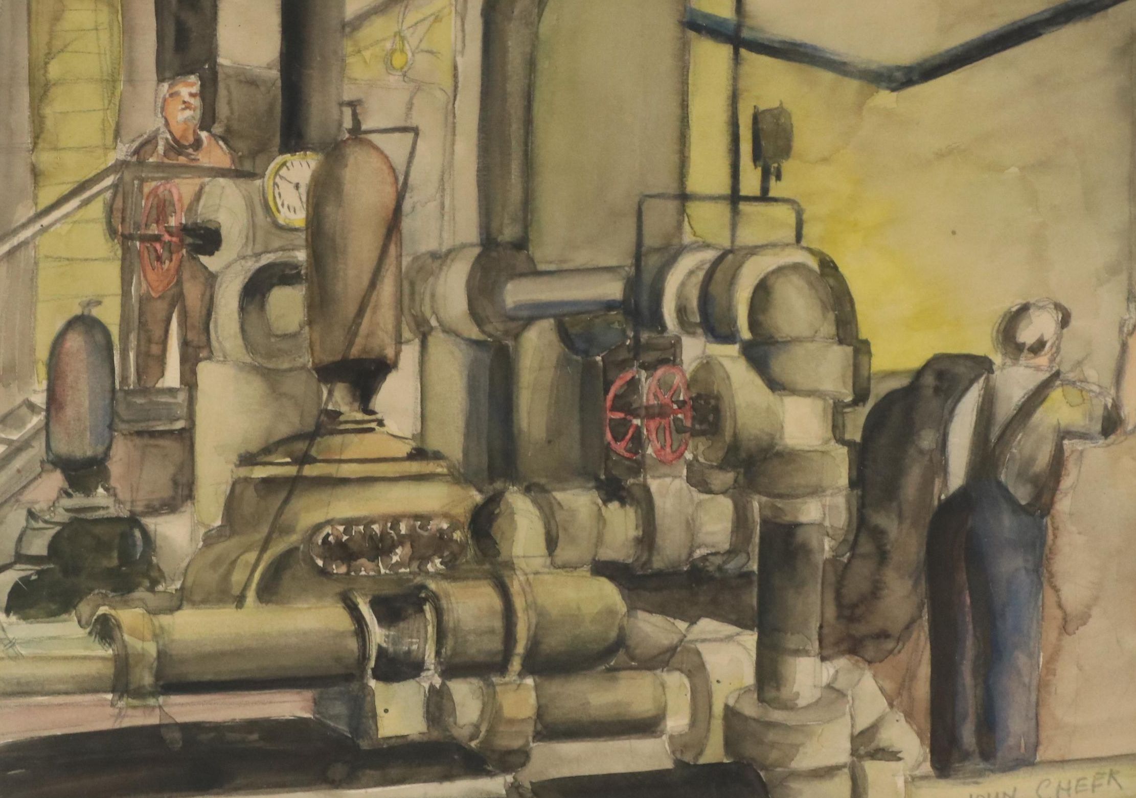Watercolor Painting of Industrial Work Scene