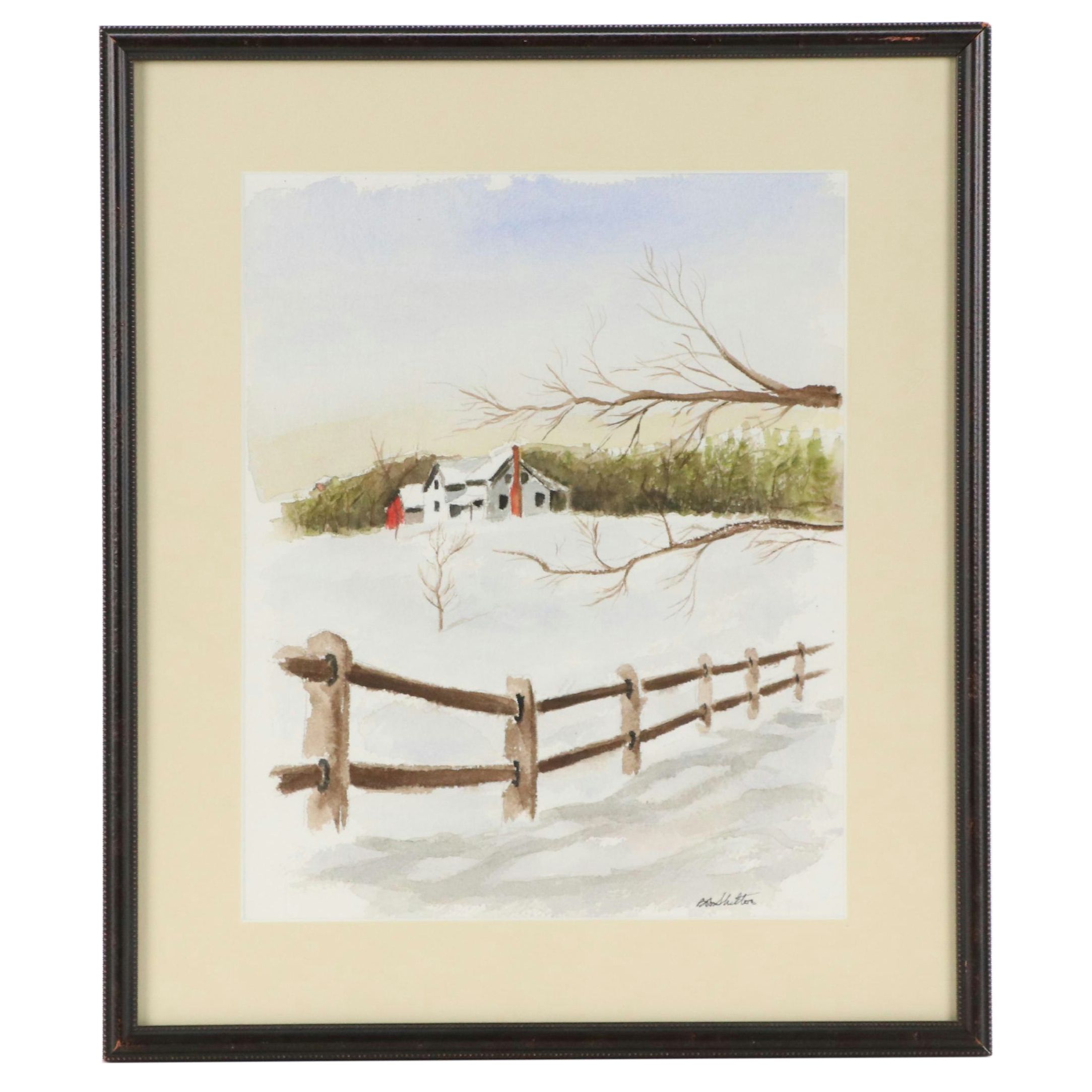Watercolor Painting of Rural Farmhouse Landscape