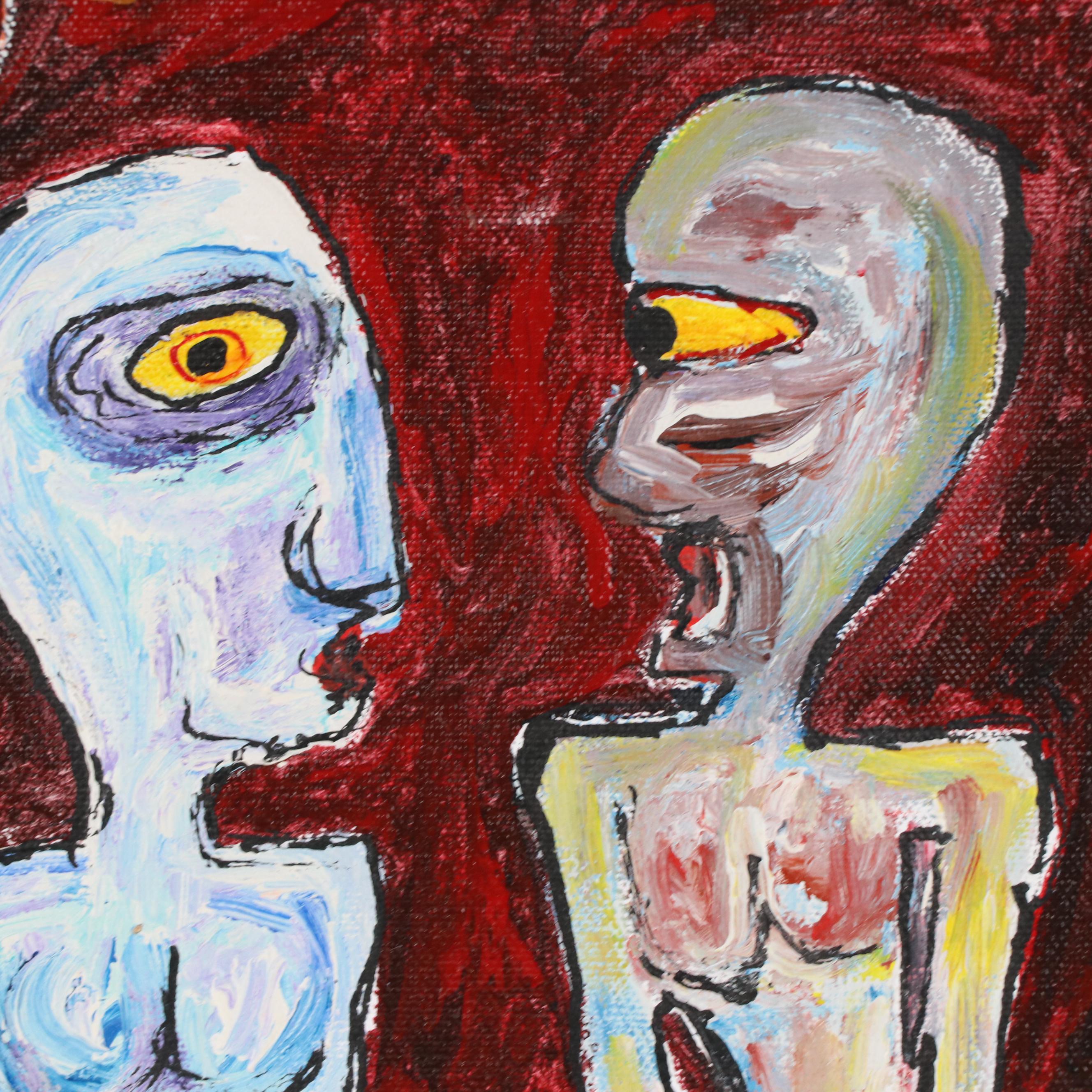 Louis Vuittonet Mixed Media Folk Art Painting of Figures with a Lizard