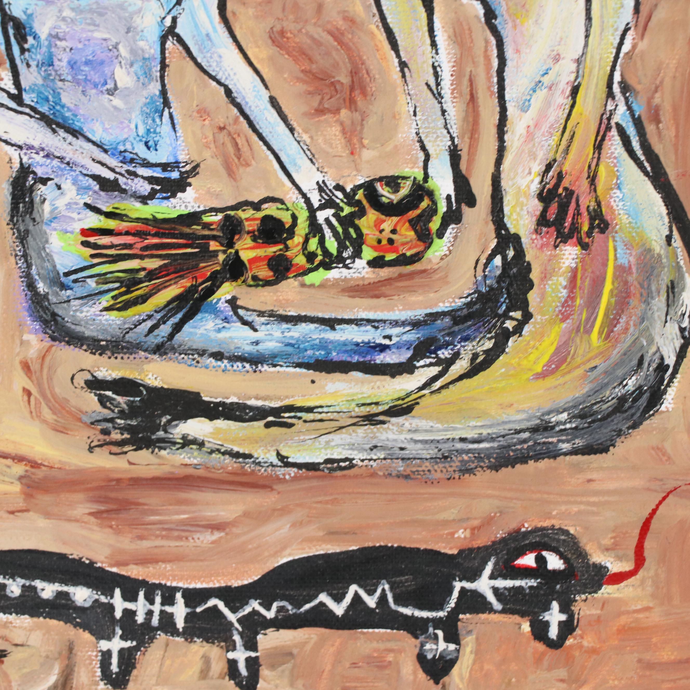 Louis Vuittonet Mixed Media Folk Art Painting of Figures with a Lizard