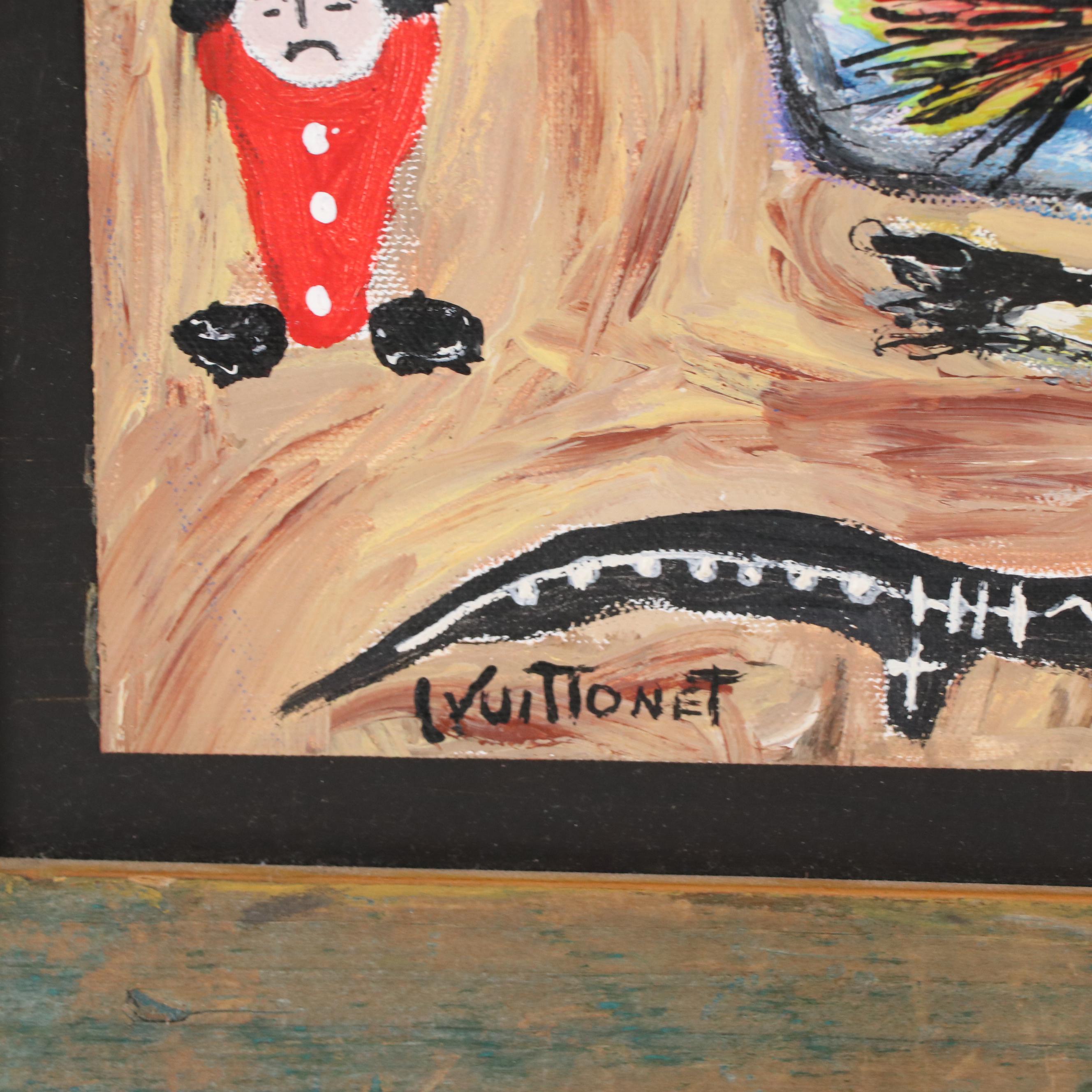 Louis Vuittonet Mixed Media Folk Art Painting of Figures with a Lizard