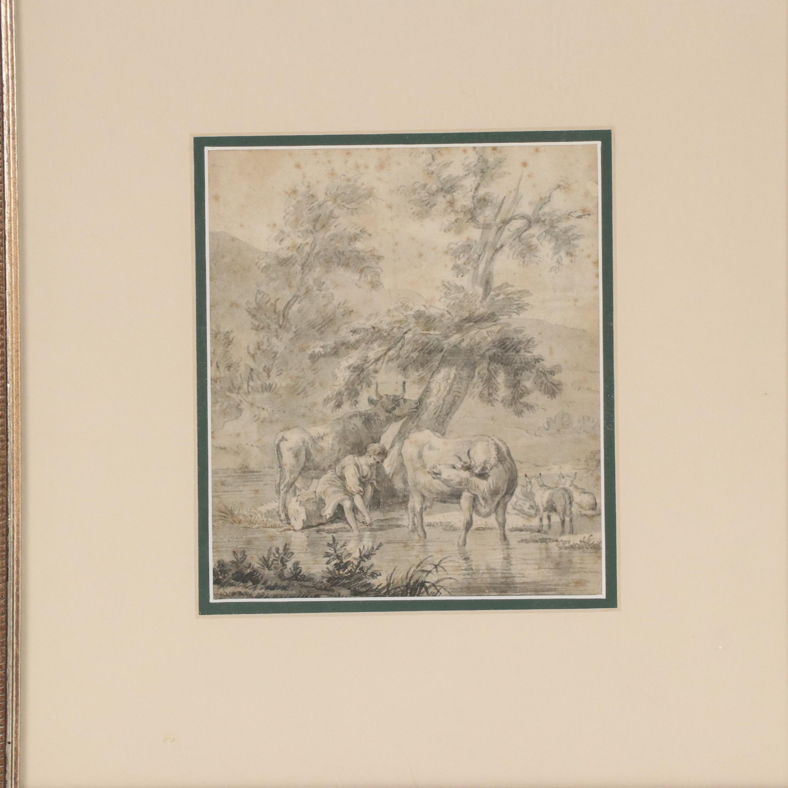 Dutch School Ink Drawing of Pastoral Scene with Woman and Cows