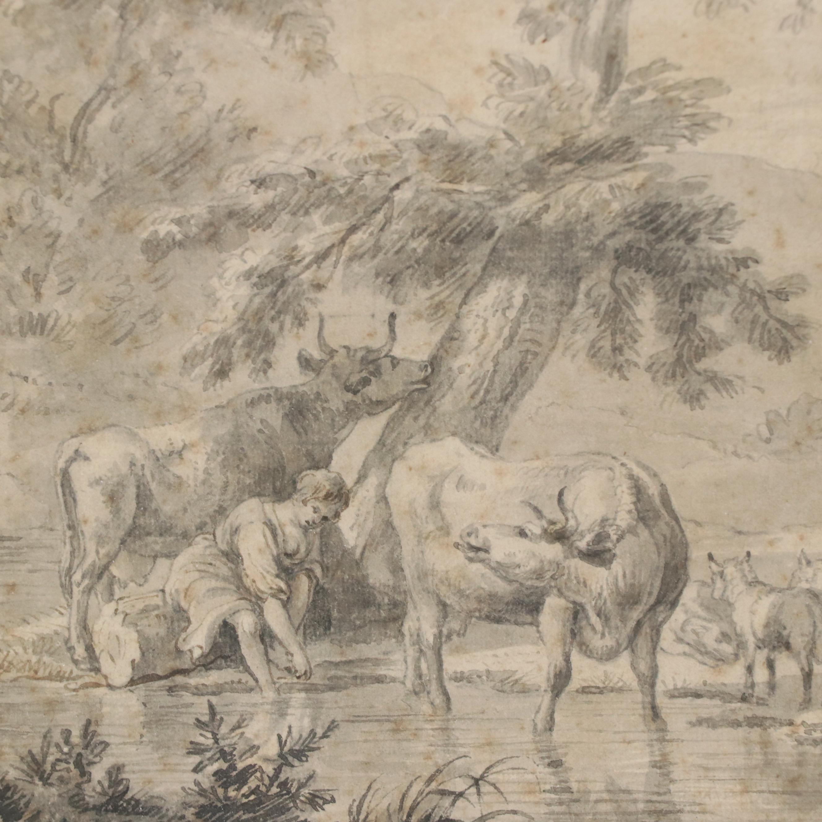 Dutch School Ink Drawing of Pastoral Scene with Woman and Cows