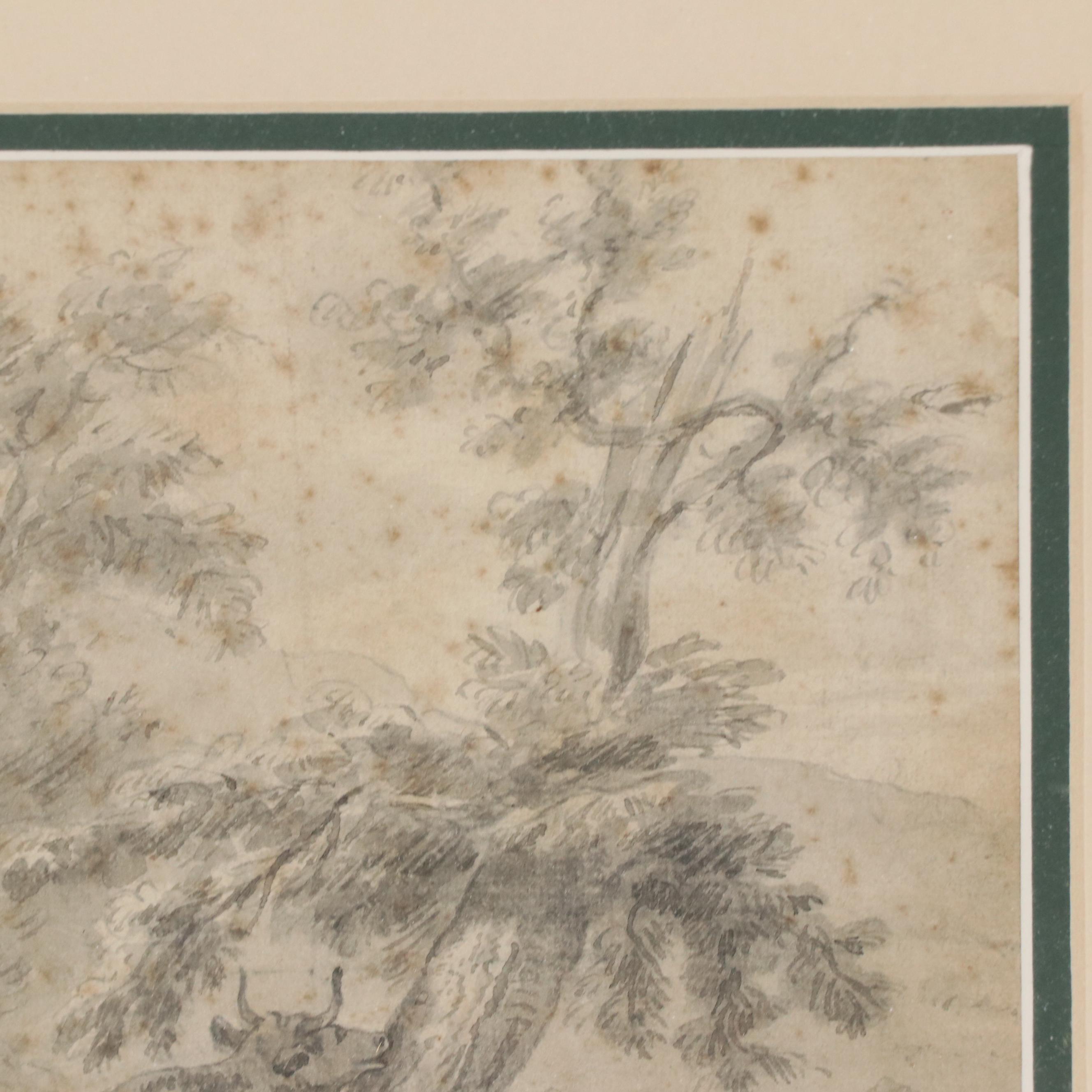 Dutch School Ink Drawing of Pastoral Scene with Woman and Cows