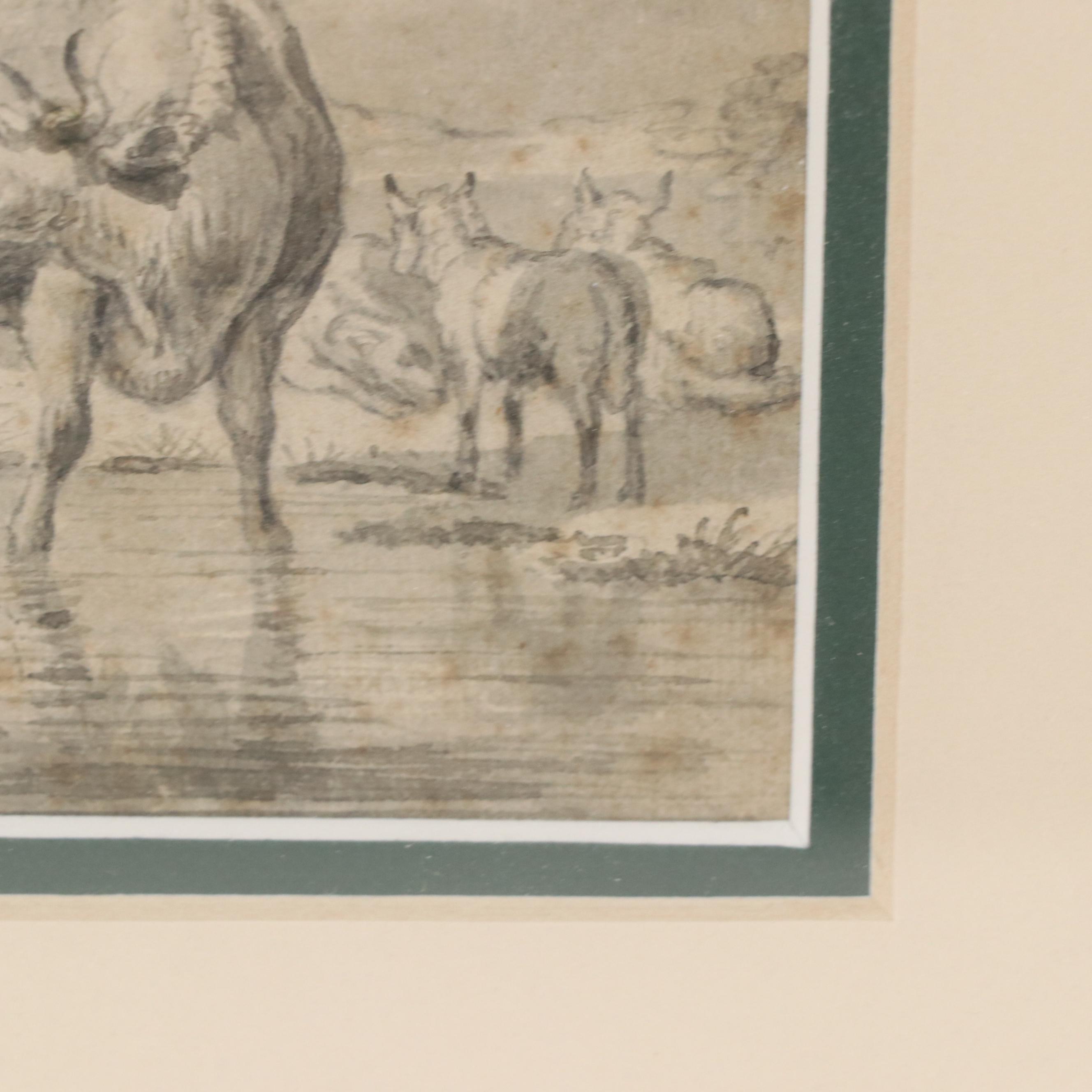 Dutch School Ink Drawing of Pastoral Scene with Woman and Cows