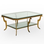 Antiqued Gold Finish Metal and Glass Tall Two-Tier Coffee Table
