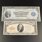 Large Format $1 National Currency Note from 1918 and a $10 Gold Certificate