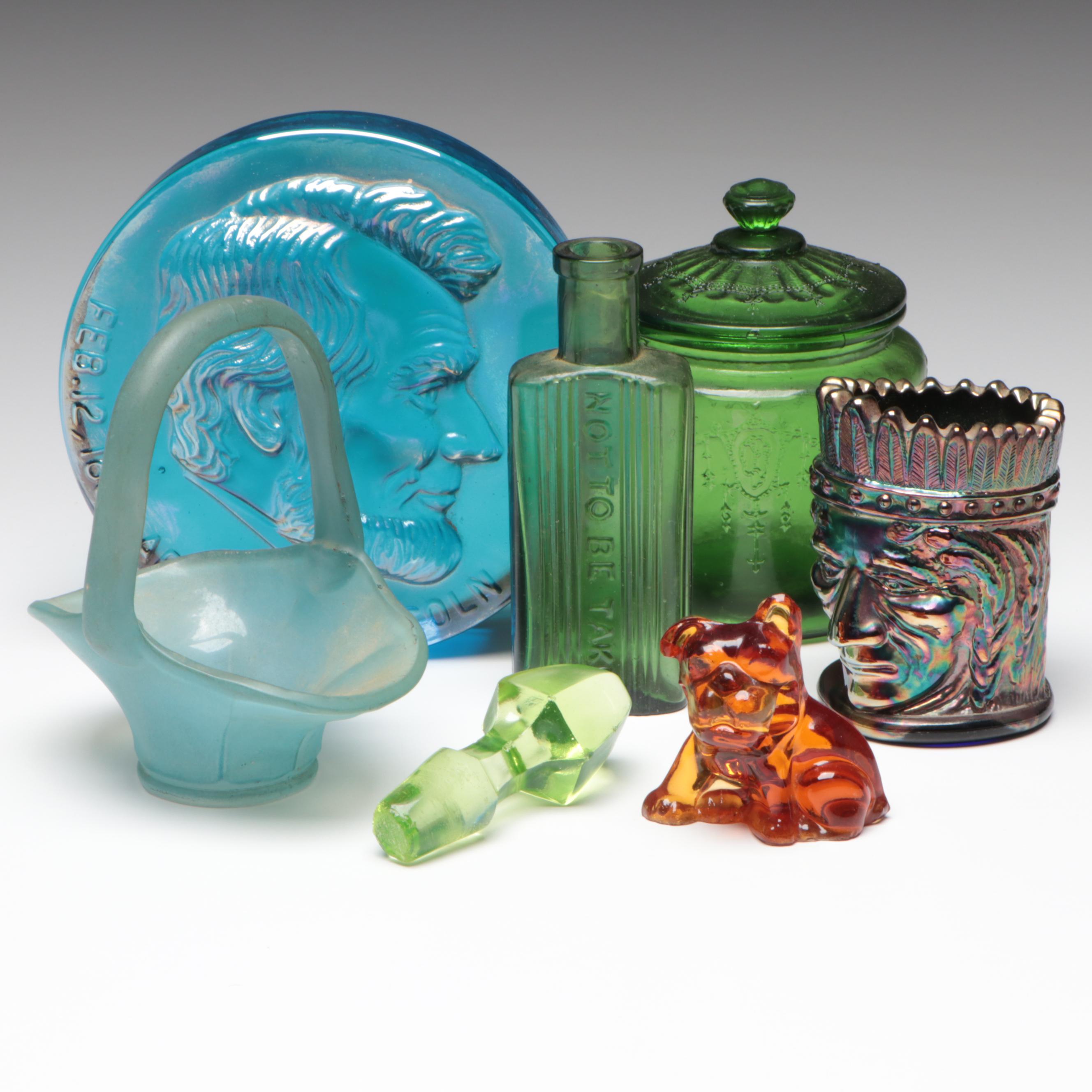 St. Clair Iridescent Carnival Indian Head Toothpick Holder with Other Décor