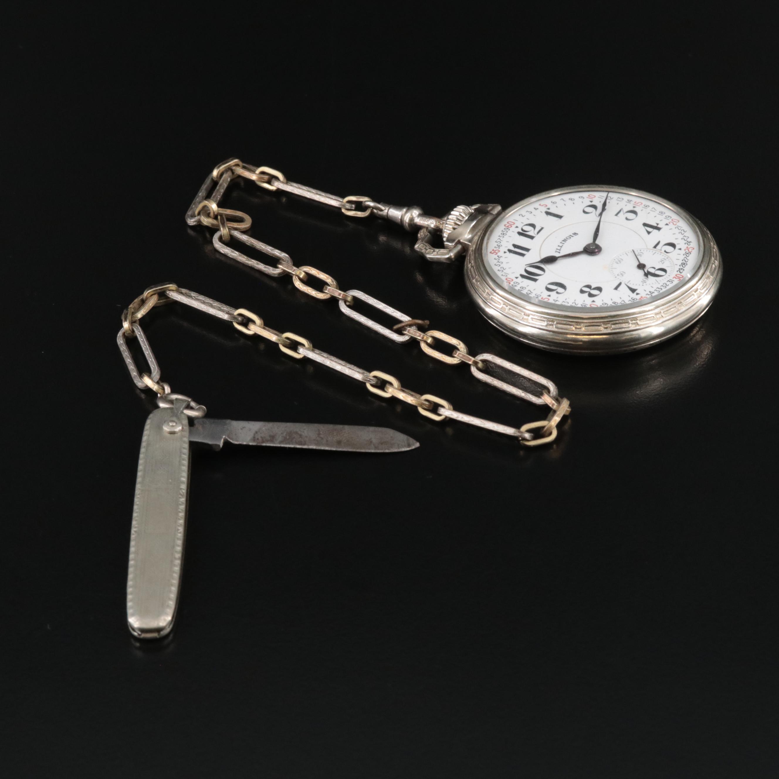 Illinois Watch Co. Railroad Grade Pocket Watch with Pen Knife Fob