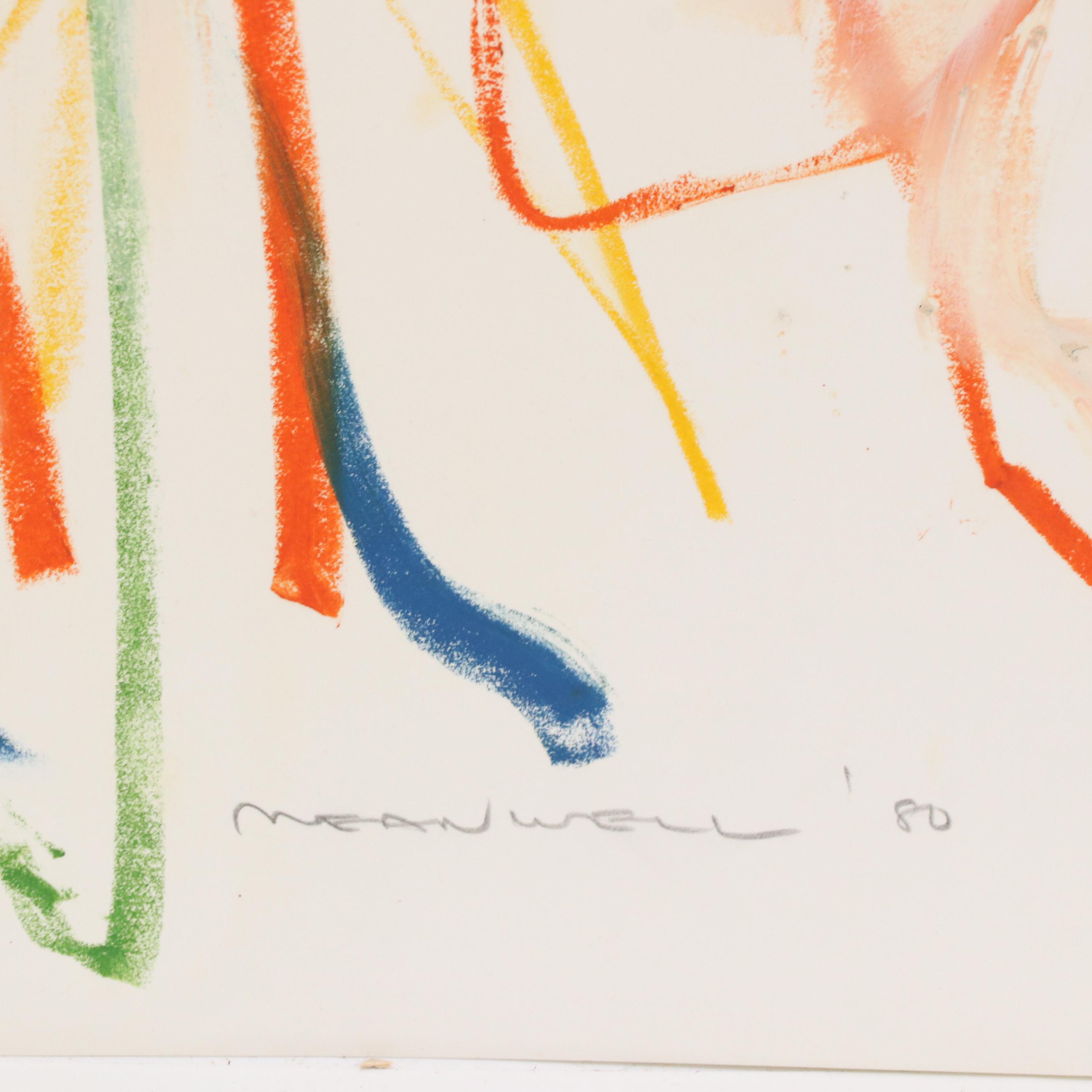 Jack Meanwell Modern Figural Nude Oil Pastel Drawing, 1980