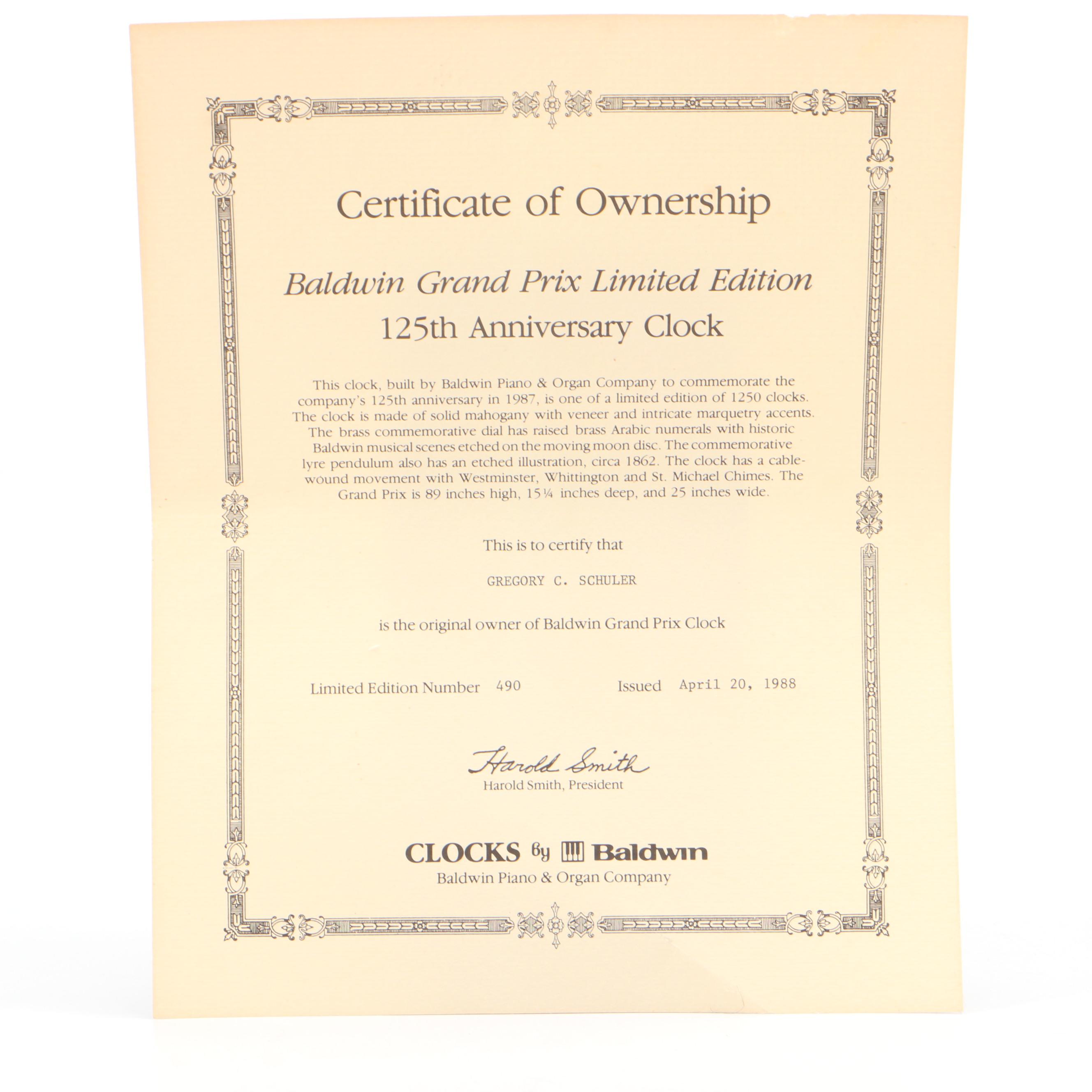 Baldwin Piano & Organ Co. 125th Anniversary Grandfather Clock