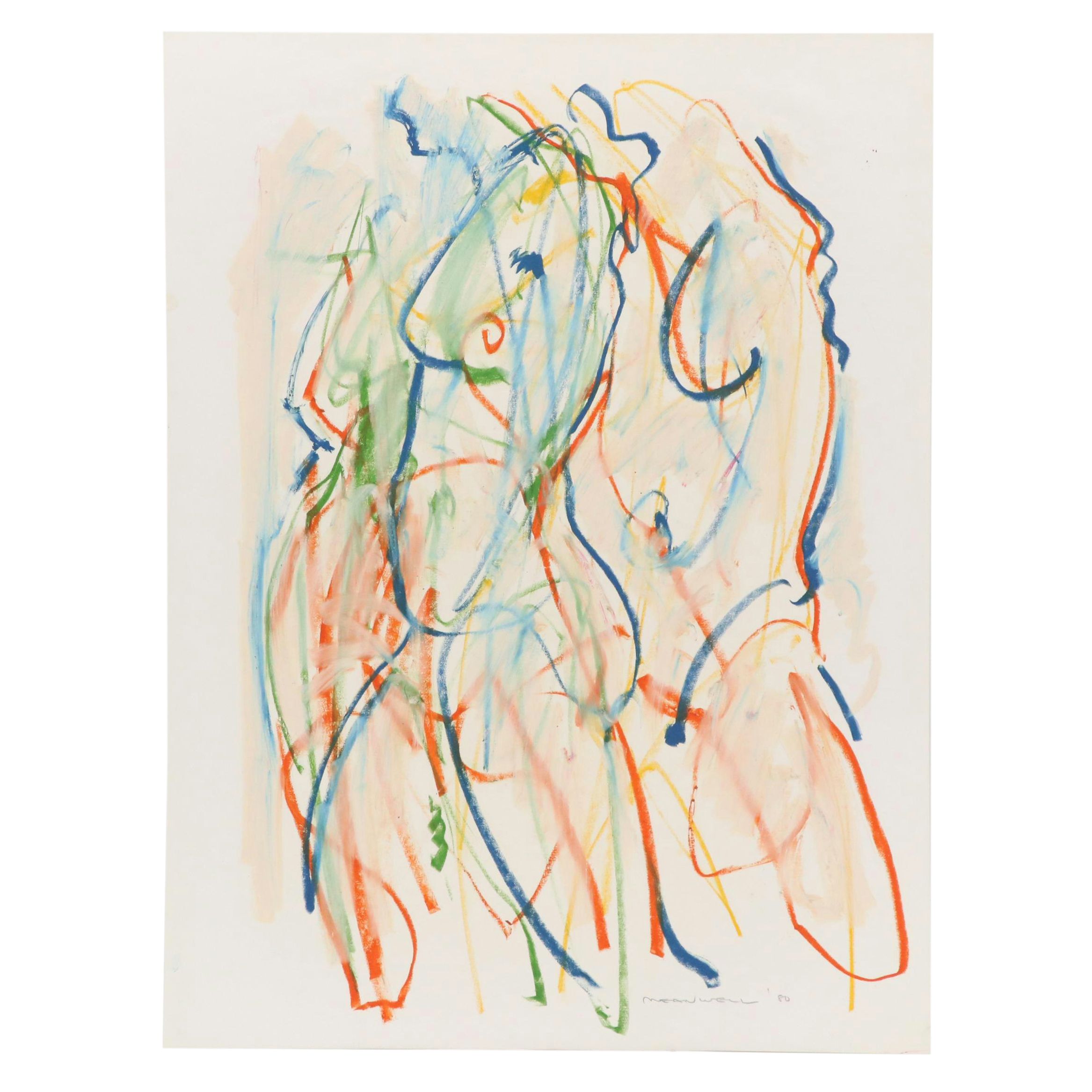 Jack Meanwell Modern Figural Nude Oil Pastel Drawing, 1980