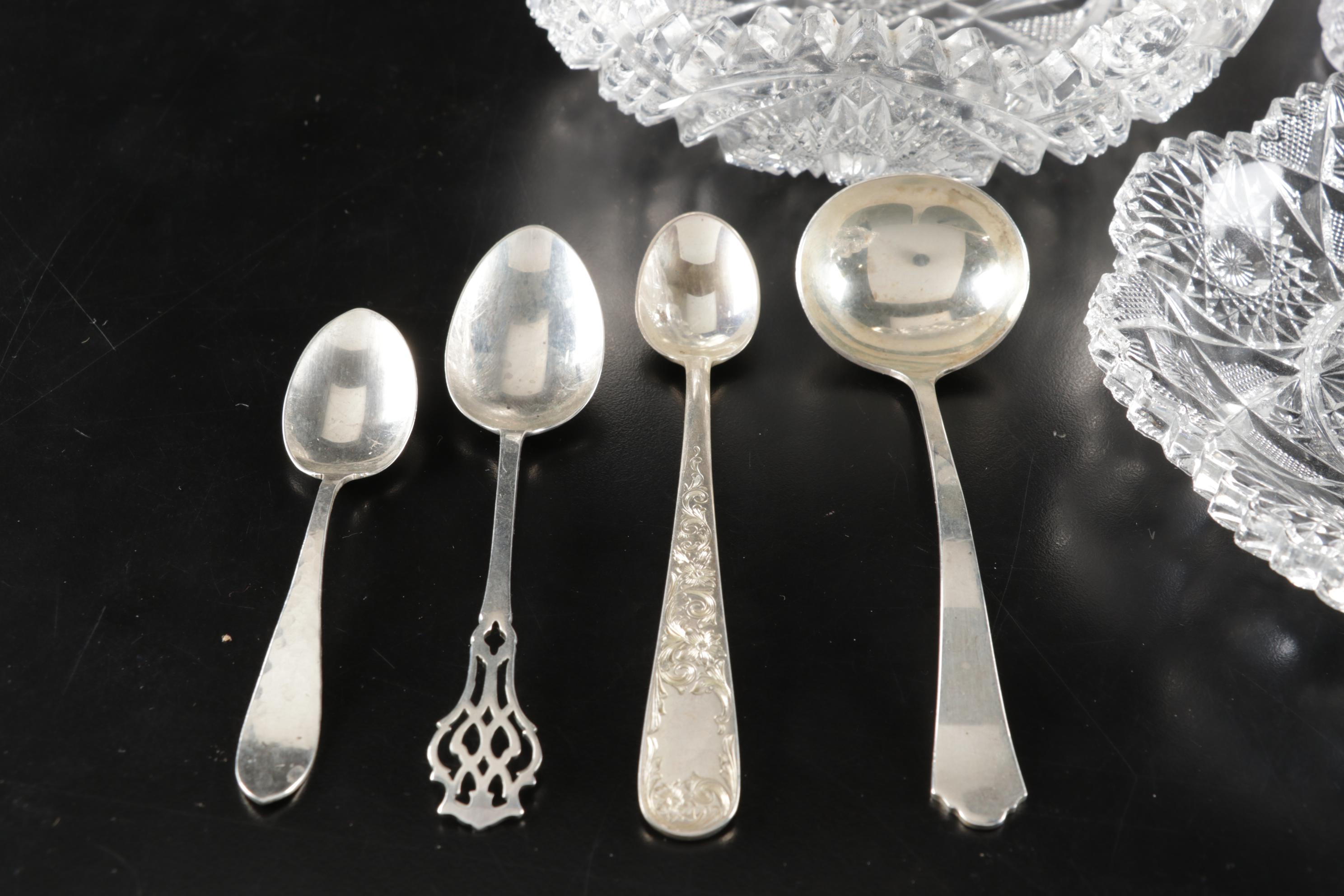 Sterling Silver Utensils Including Salt Ladle With ABP, Nucut and Cut Glass
