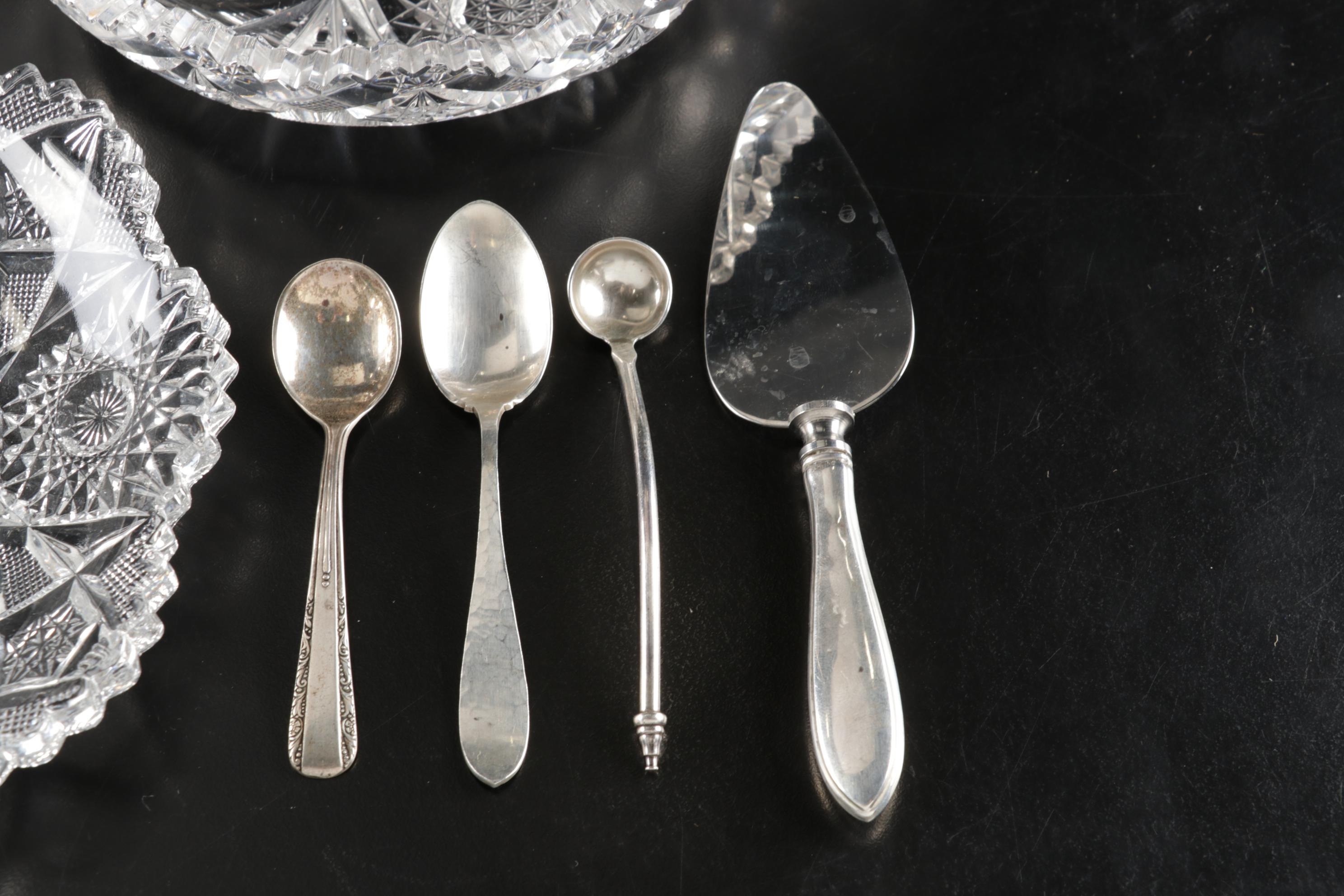Sterling Silver Utensils Including Salt Ladle With ABP, Nucut and Cut Glass