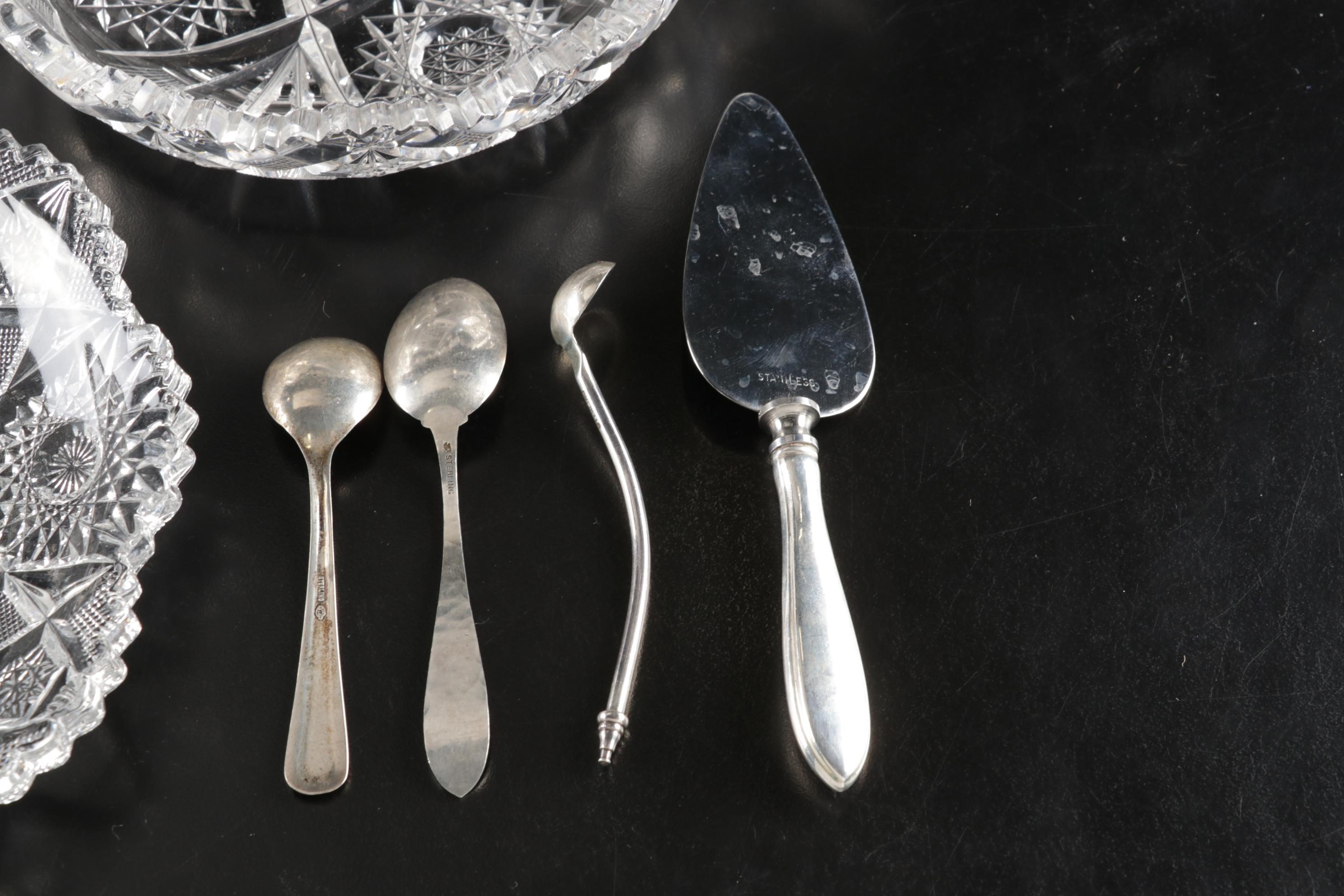 Sterling Silver Utensils Including Salt Ladle With ABP, Nucut and Cut Glass