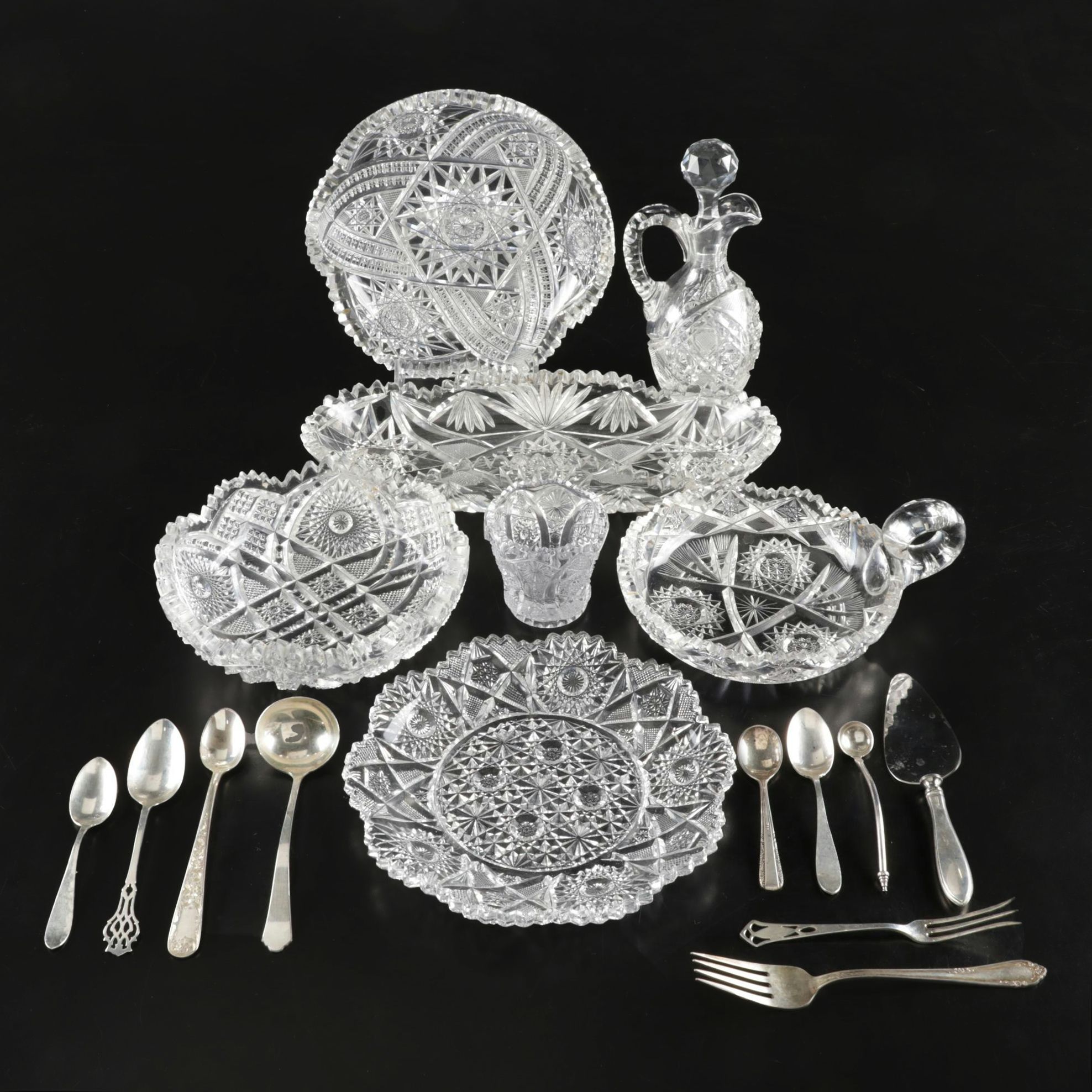 Sterling Silver Utensils Including Salt Ladle With ABP, Nucut and Cut Glass