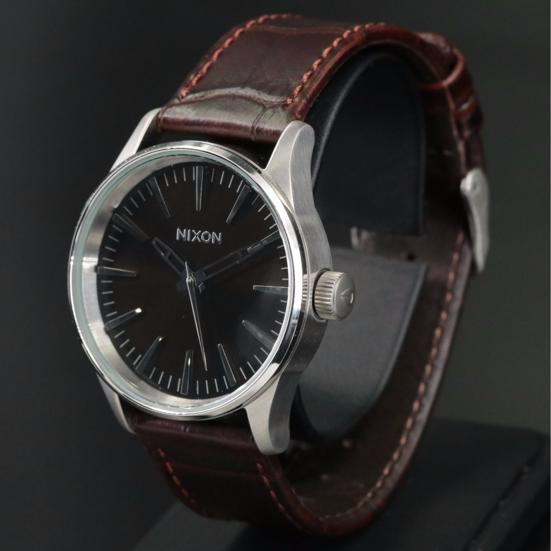 Nixon Sentry 38 Brown Gator Leather Quartz Watch with Box