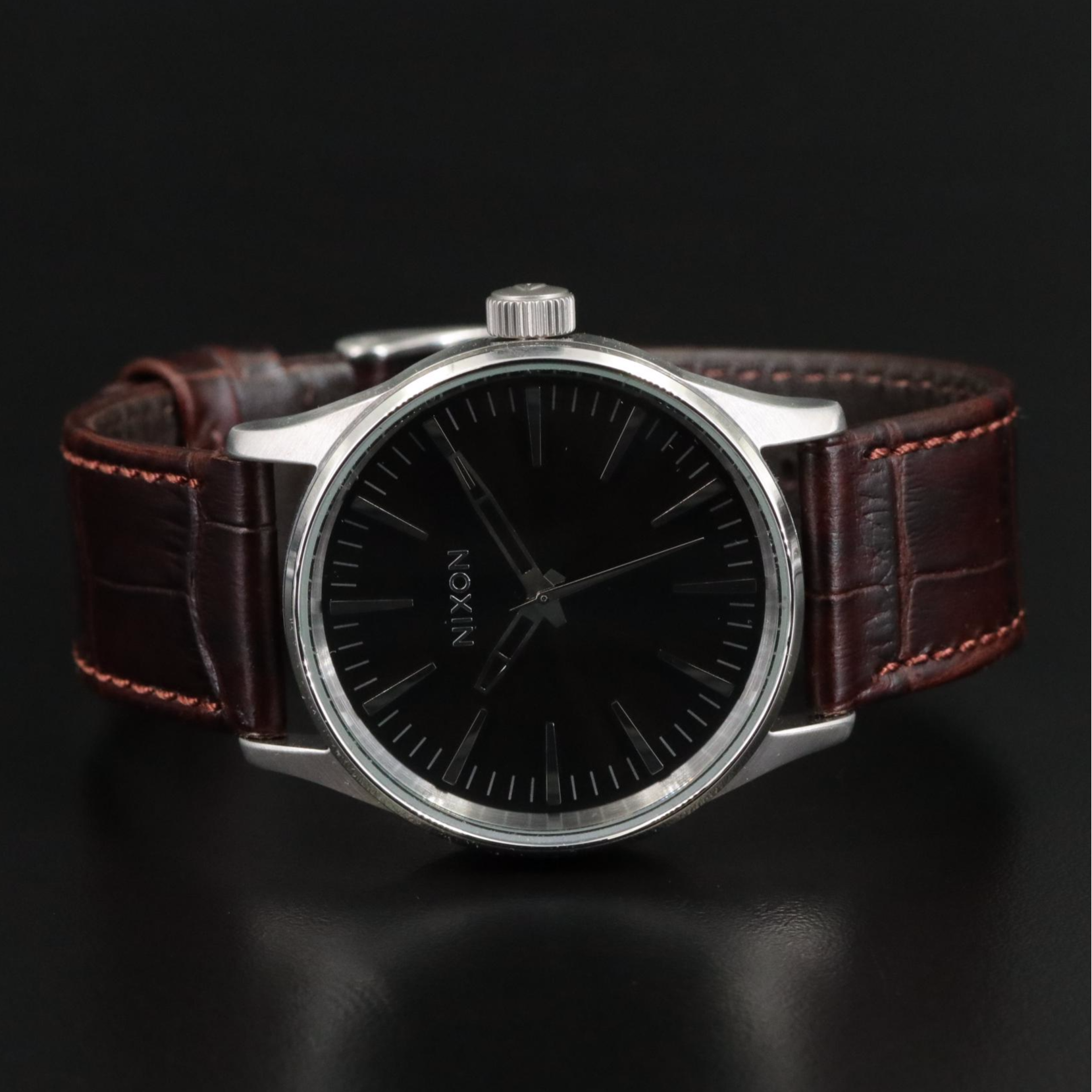 Nixon Sentry 38 Brown Gator Leather Quartz Watch with Box