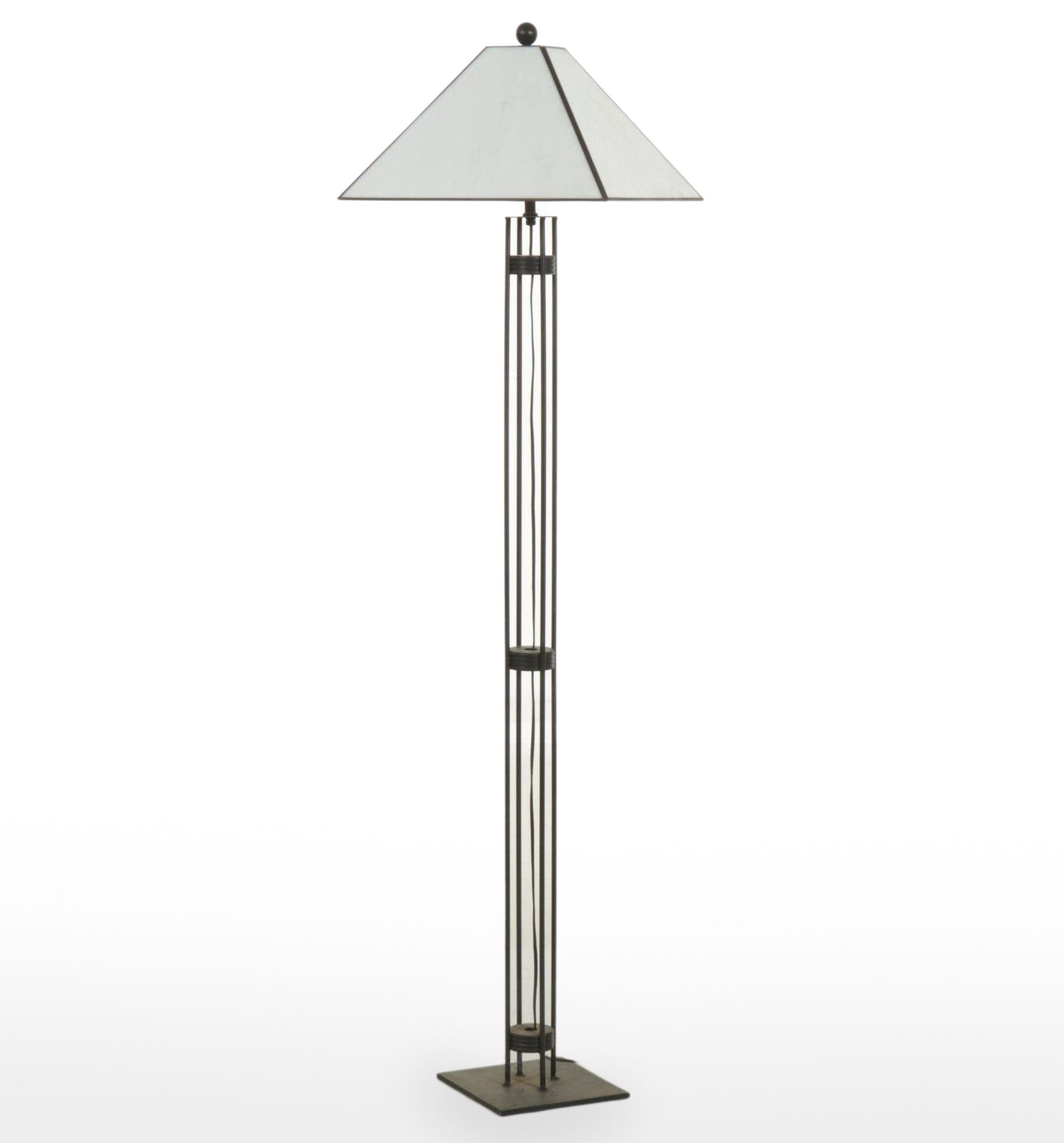 Modernist Metal Rod Floor Lamp with Slag Glass Shade