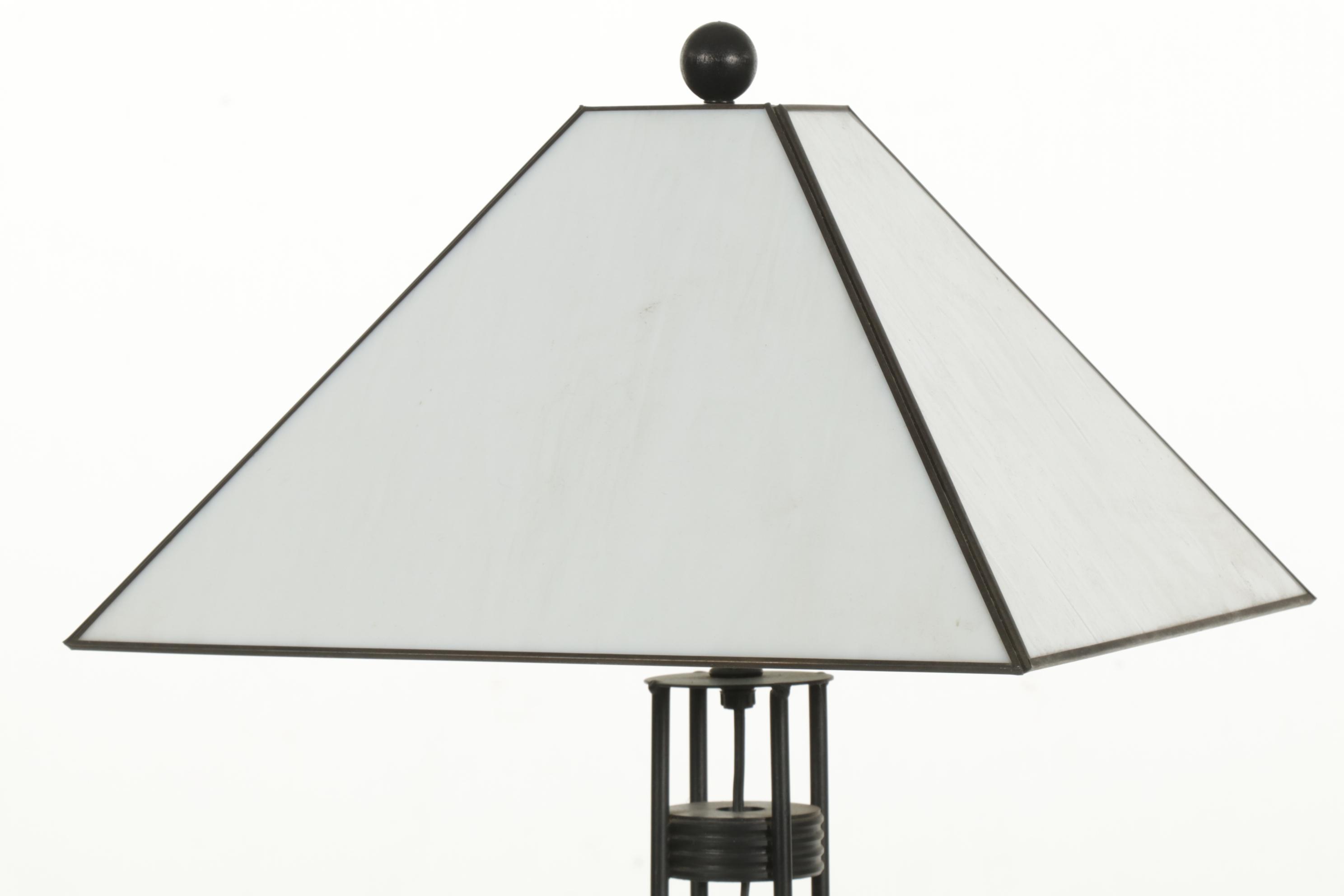 Modernist Metal Rod Floor Lamp with Slag Glass Shade