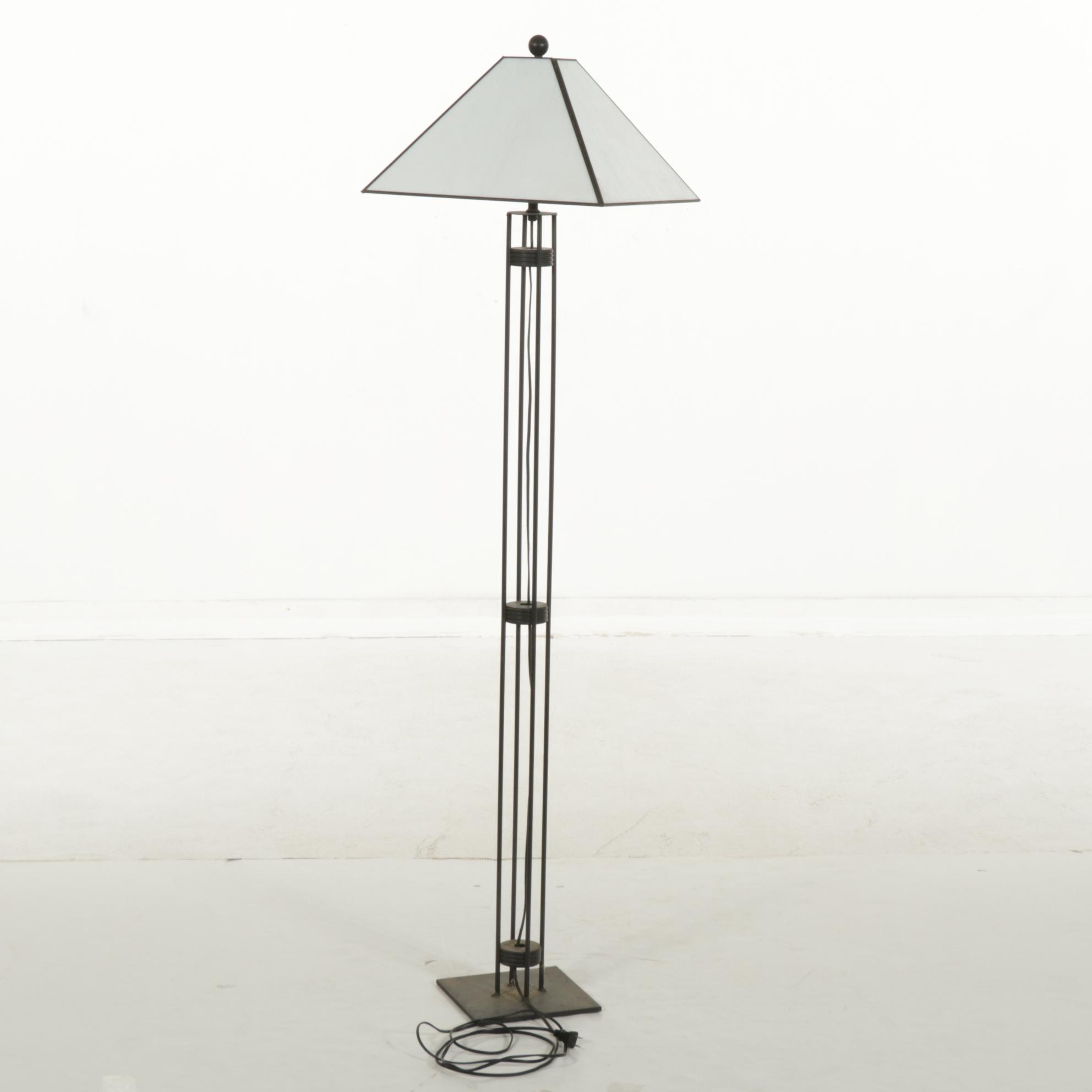 Modernist Metal Rod Floor Lamp with Slag Glass Shade