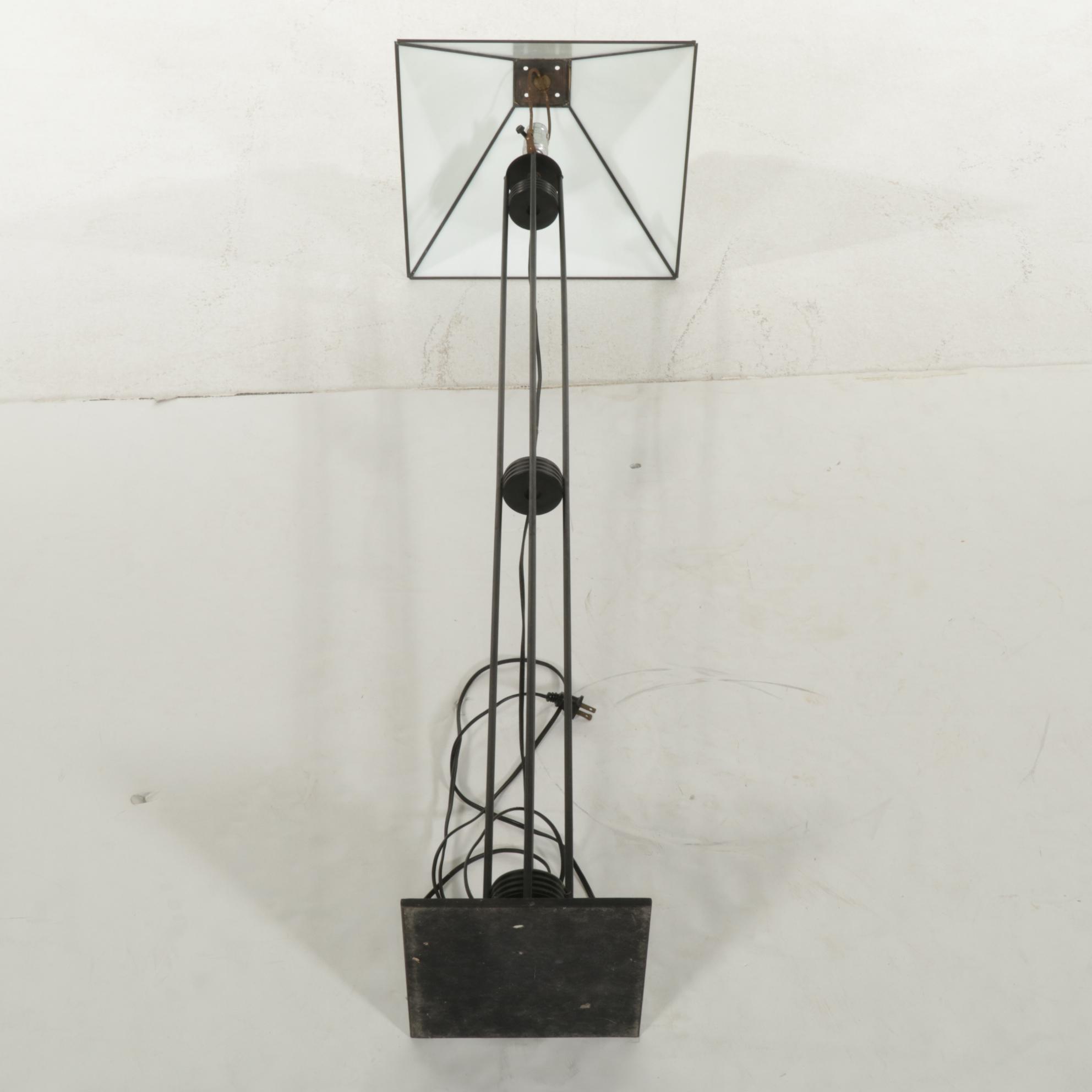 Modernist Metal Rod Floor Lamp with Slag Glass Shade