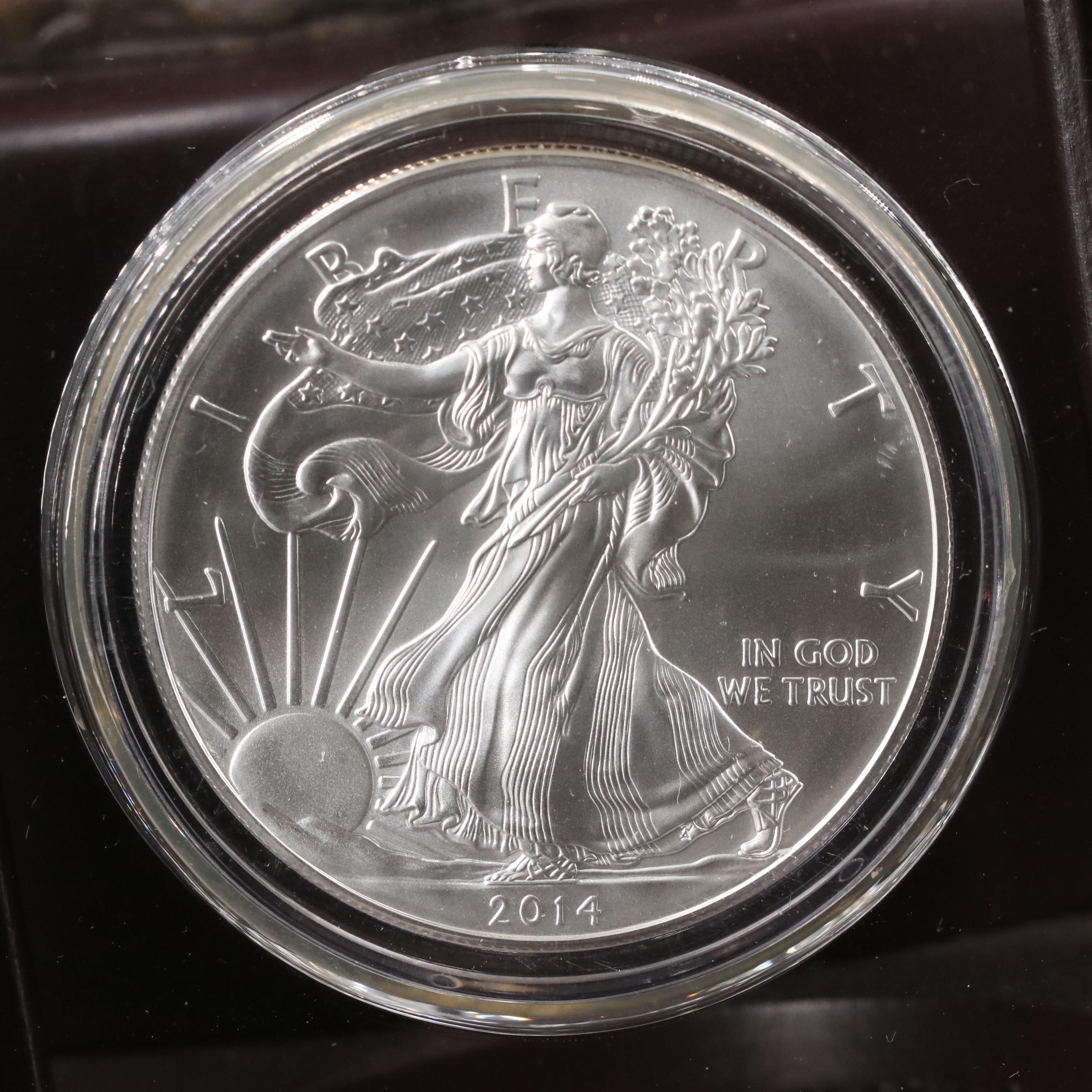 Resin Sculpture of a Bald Eagle With a Collection of American Silver Eagles