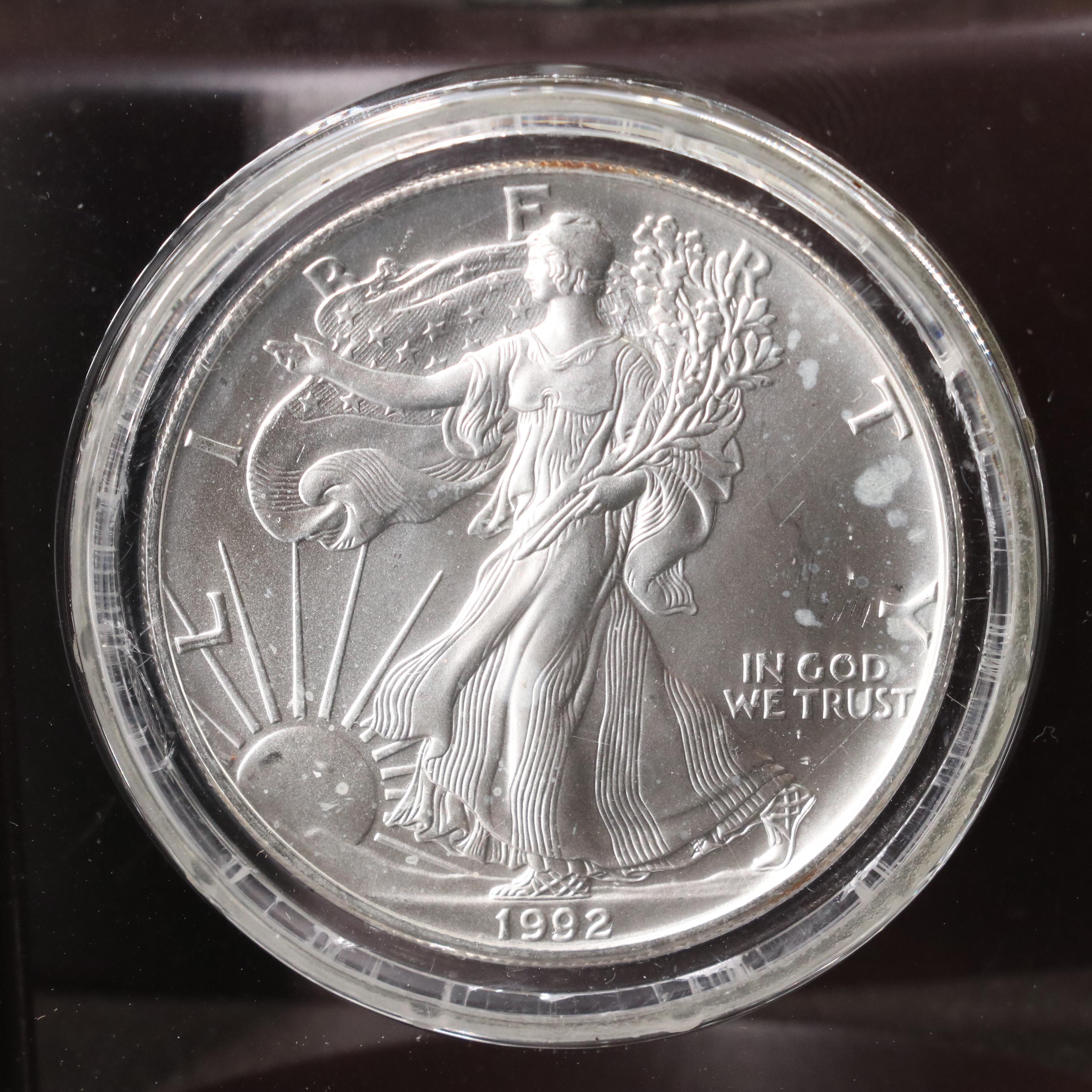 Resin Sculpture of a Bald Eagle With a Collection of American Silver Eagles