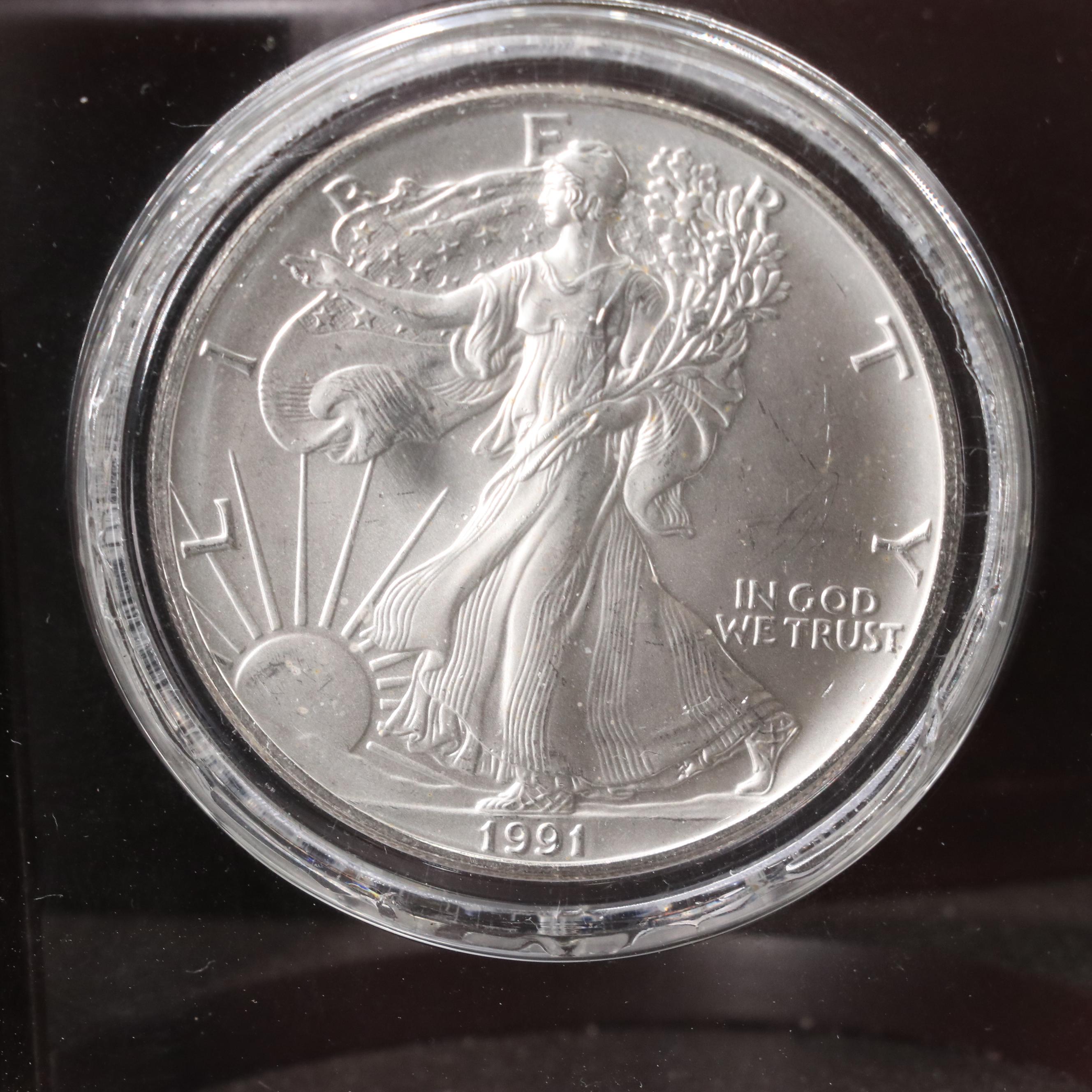 Resin Sculpture of a Bald Eagle With a Collection of American Silver Eagles