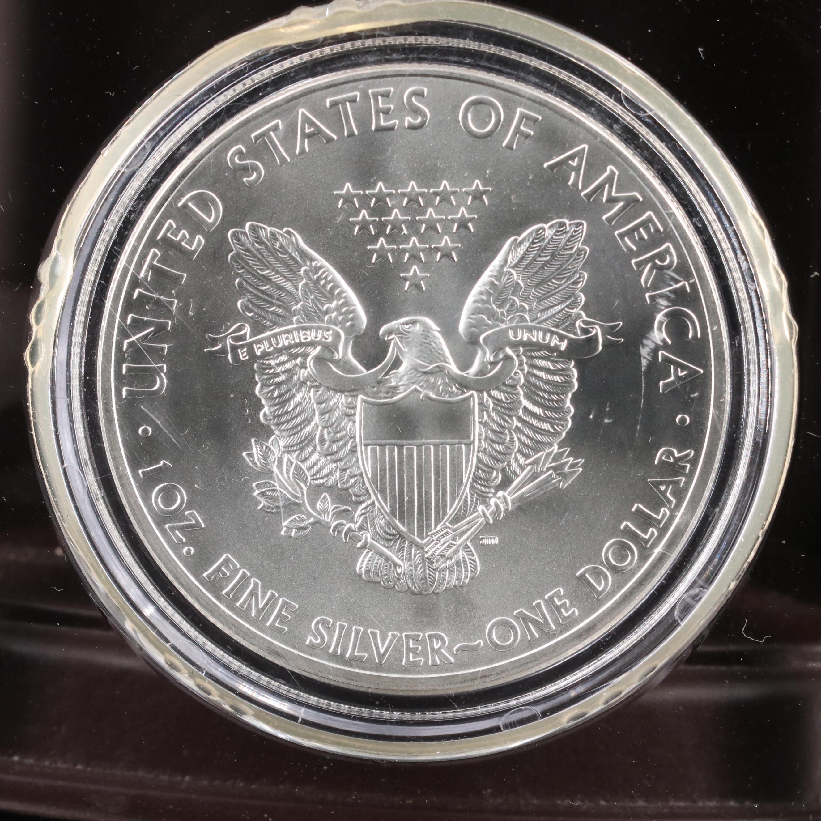 Resin Sculpture of a Bald Eagle With a Collection of American Silver Eagles