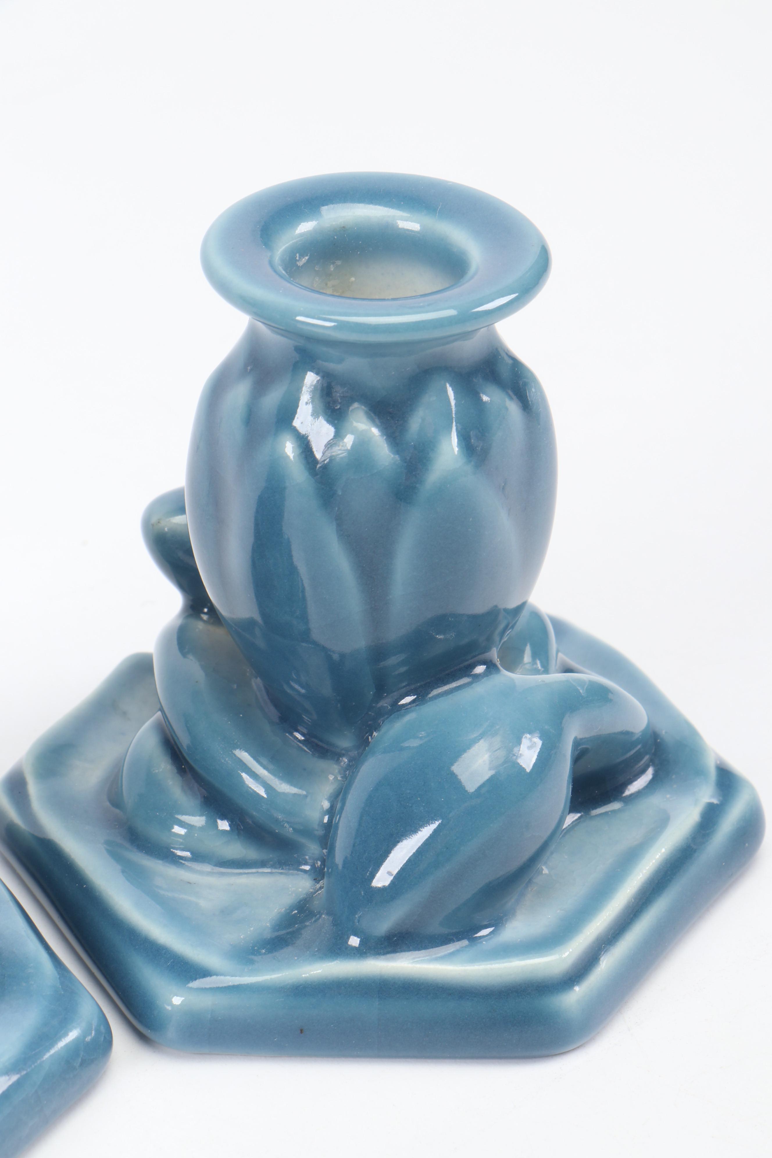 Rookwood Pottery Ceramic Lotus Flower Candlesticks