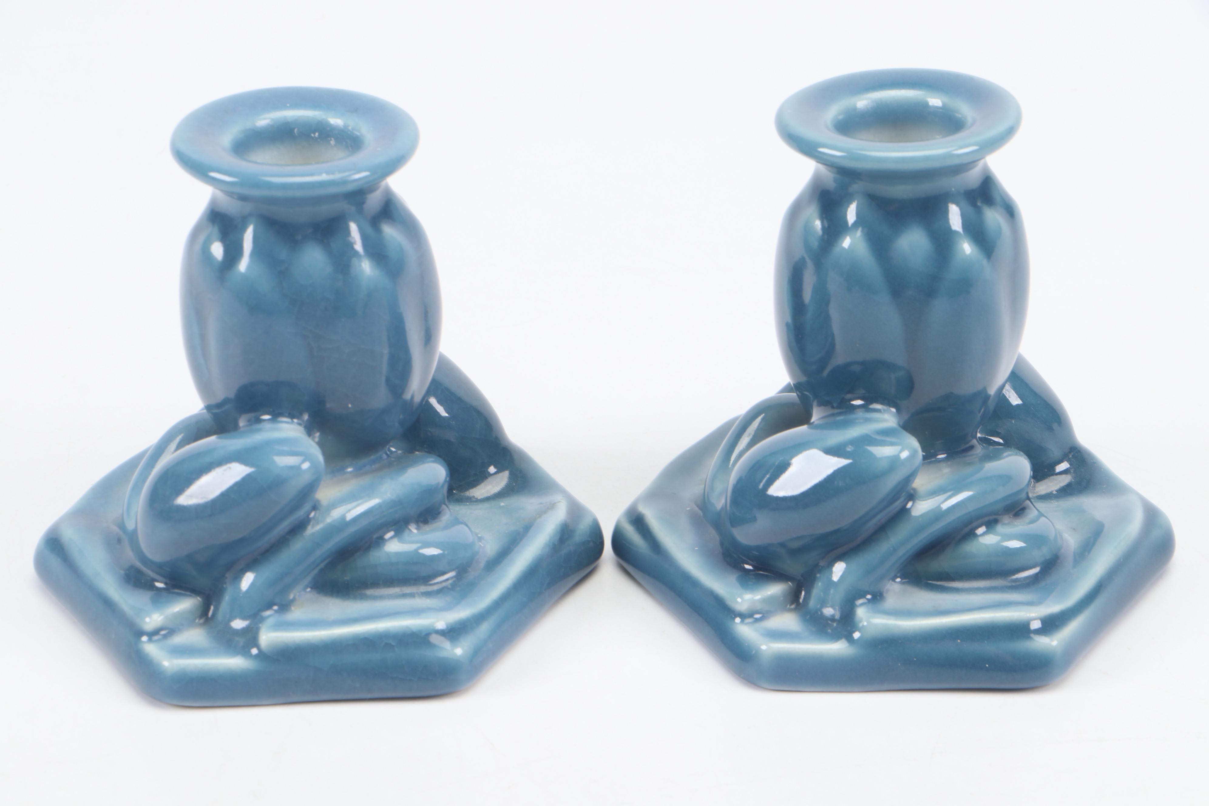 Rookwood Pottery Ceramic Lotus Flower Candlesticks