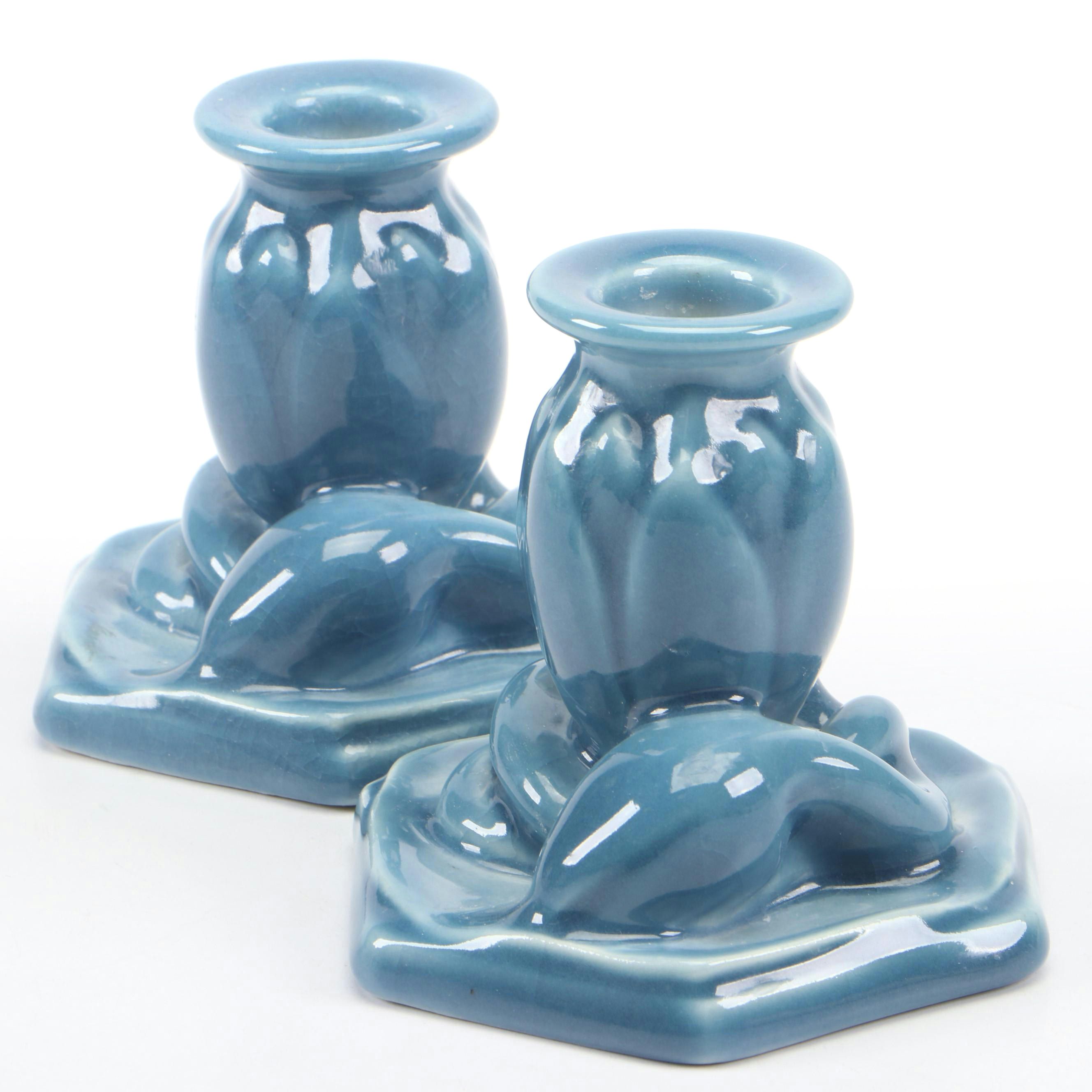 Rookwood Pottery Ceramic Lotus Flower Candlesticks