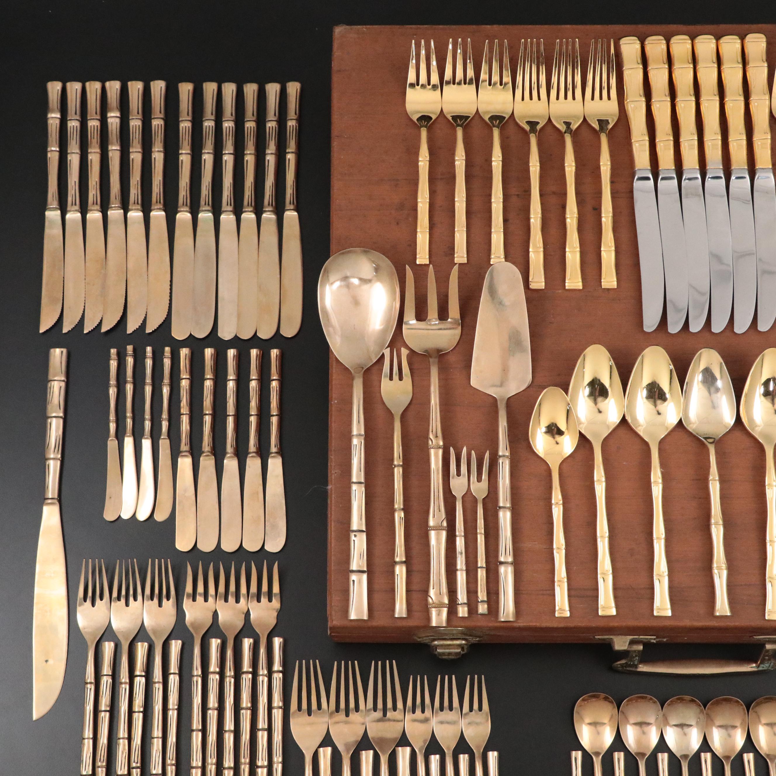 Brass and Gilt Stainless Steel Flatware with Bamboo Textured Handles