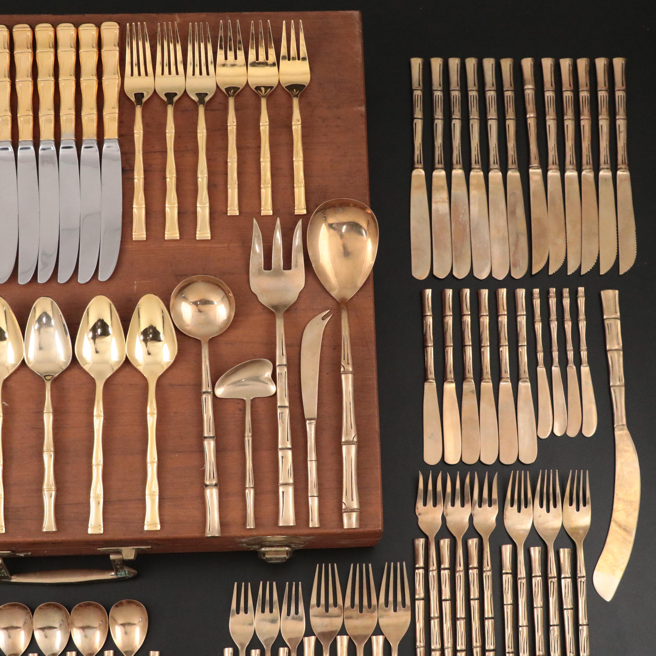 Brass and Gilt Stainless Steel Flatware with Bamboo Textured Handles