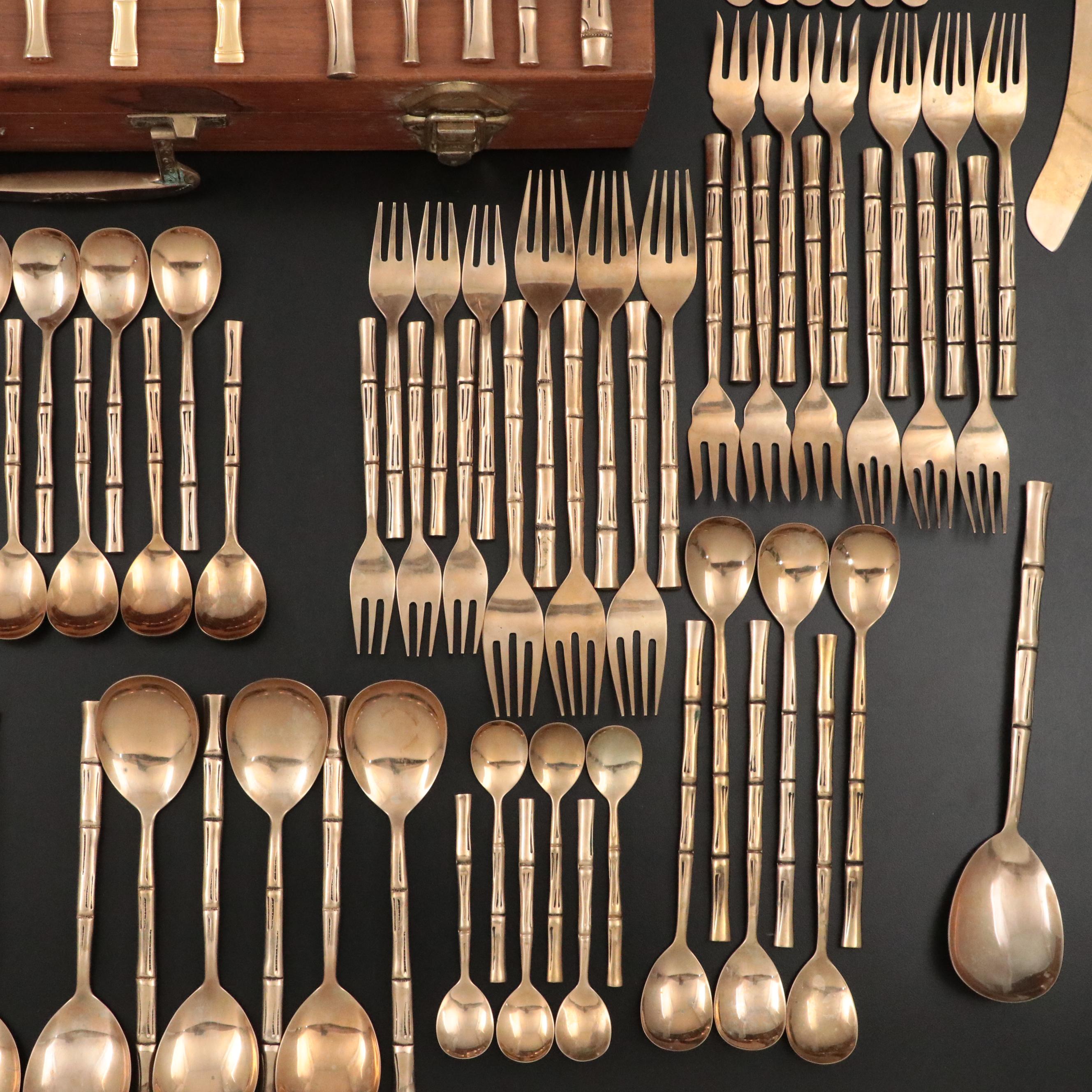 Brass and Gilt Stainless Steel Flatware with Bamboo Textured Handles