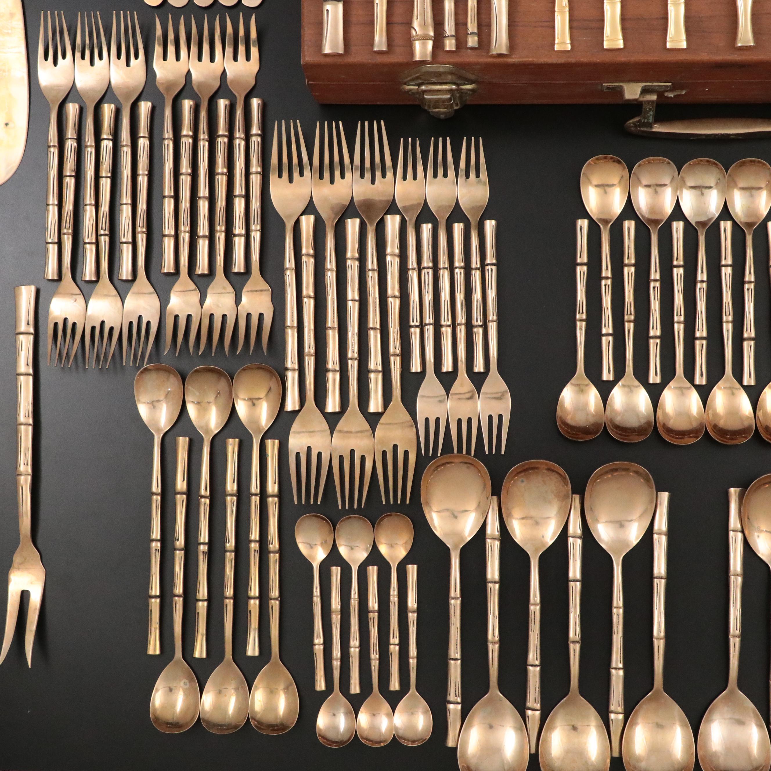 Brass and Gilt Stainless Steel Flatware with Bamboo Textured Handles