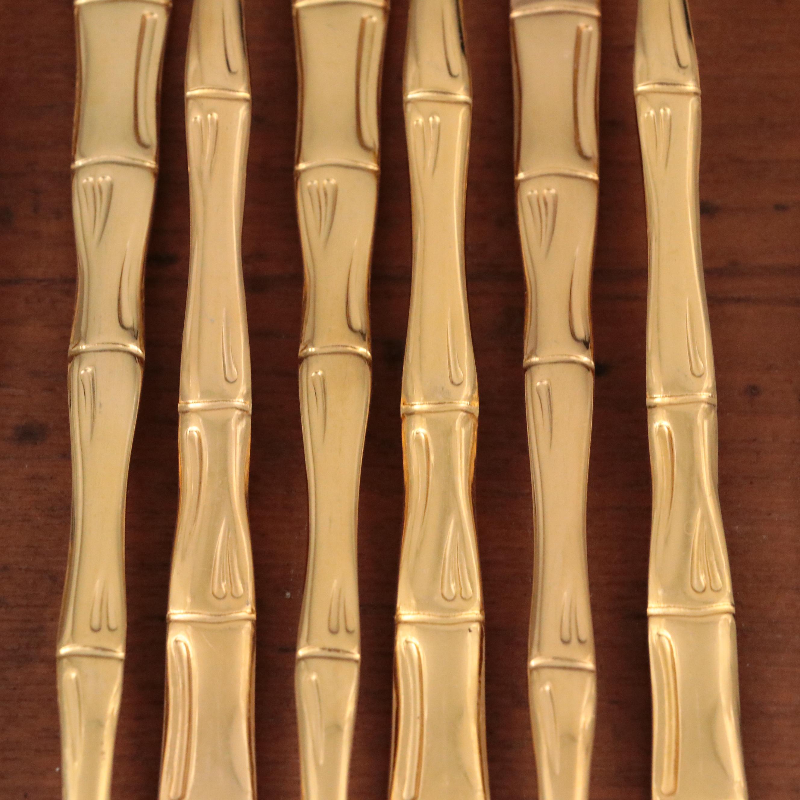 Brass and Gilt Stainless Steel Flatware with Bamboo Textured Handles