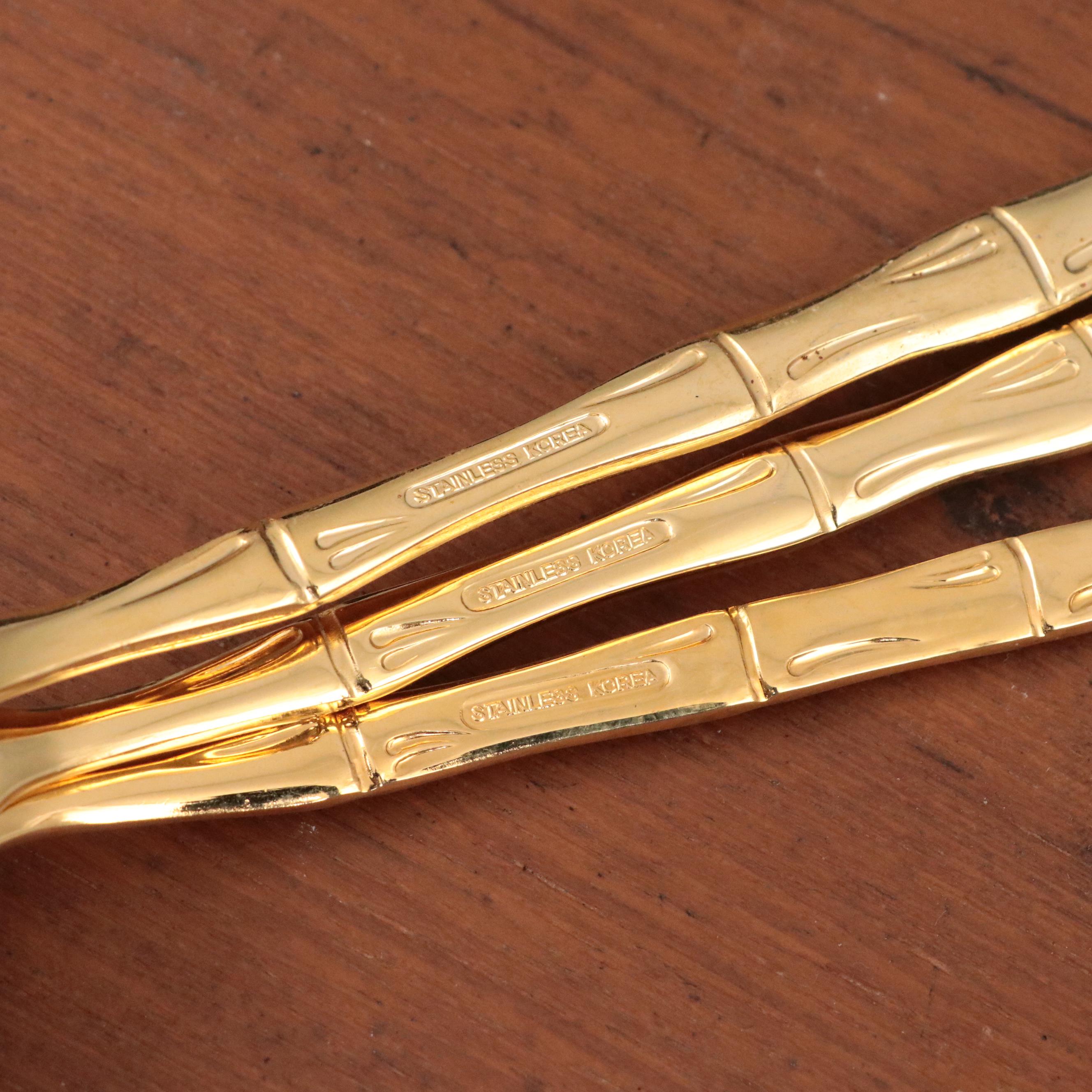 Brass and Gilt Stainless Steel Flatware with Bamboo Textured Handles