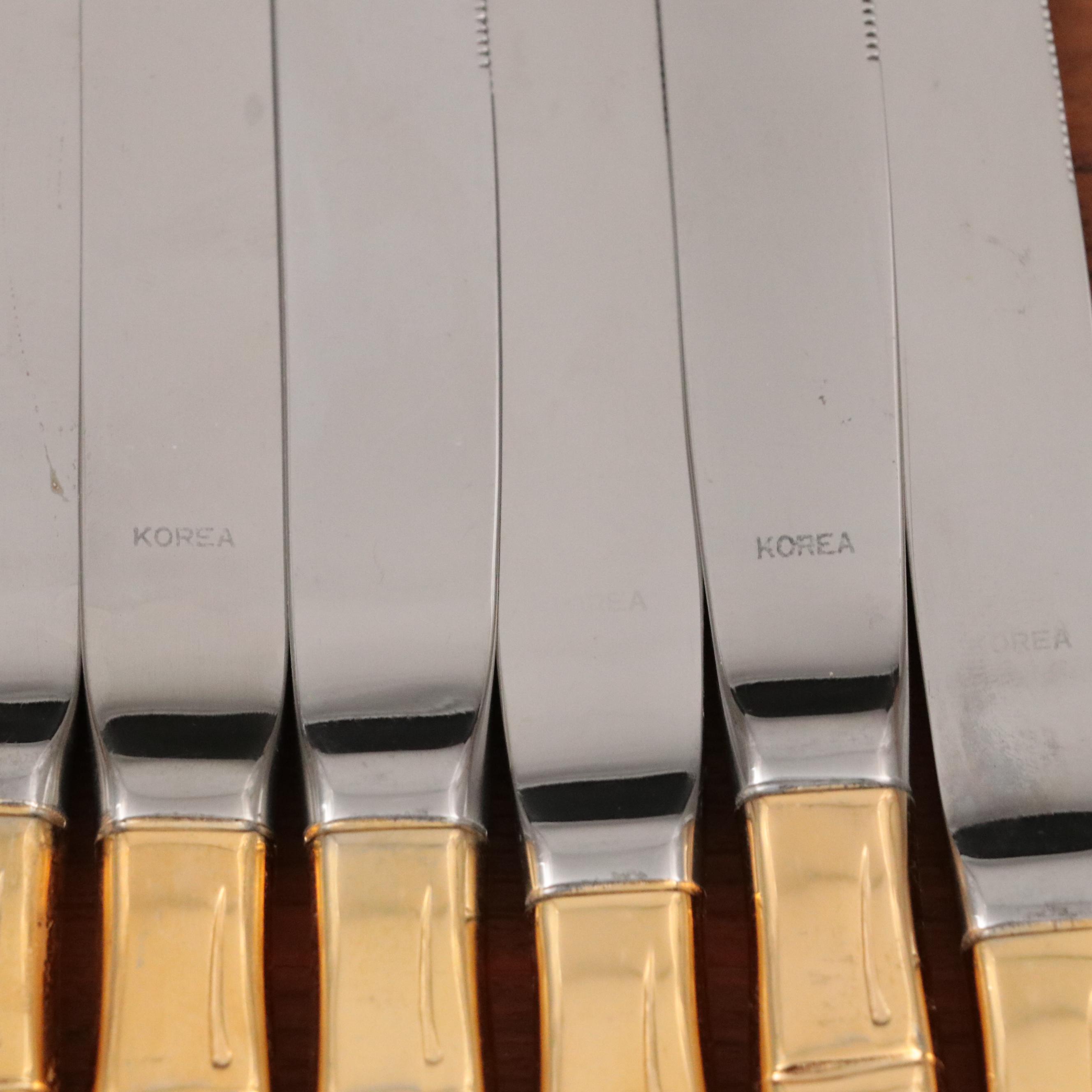 Brass and Gilt Stainless Steel Flatware with Bamboo Textured Handles